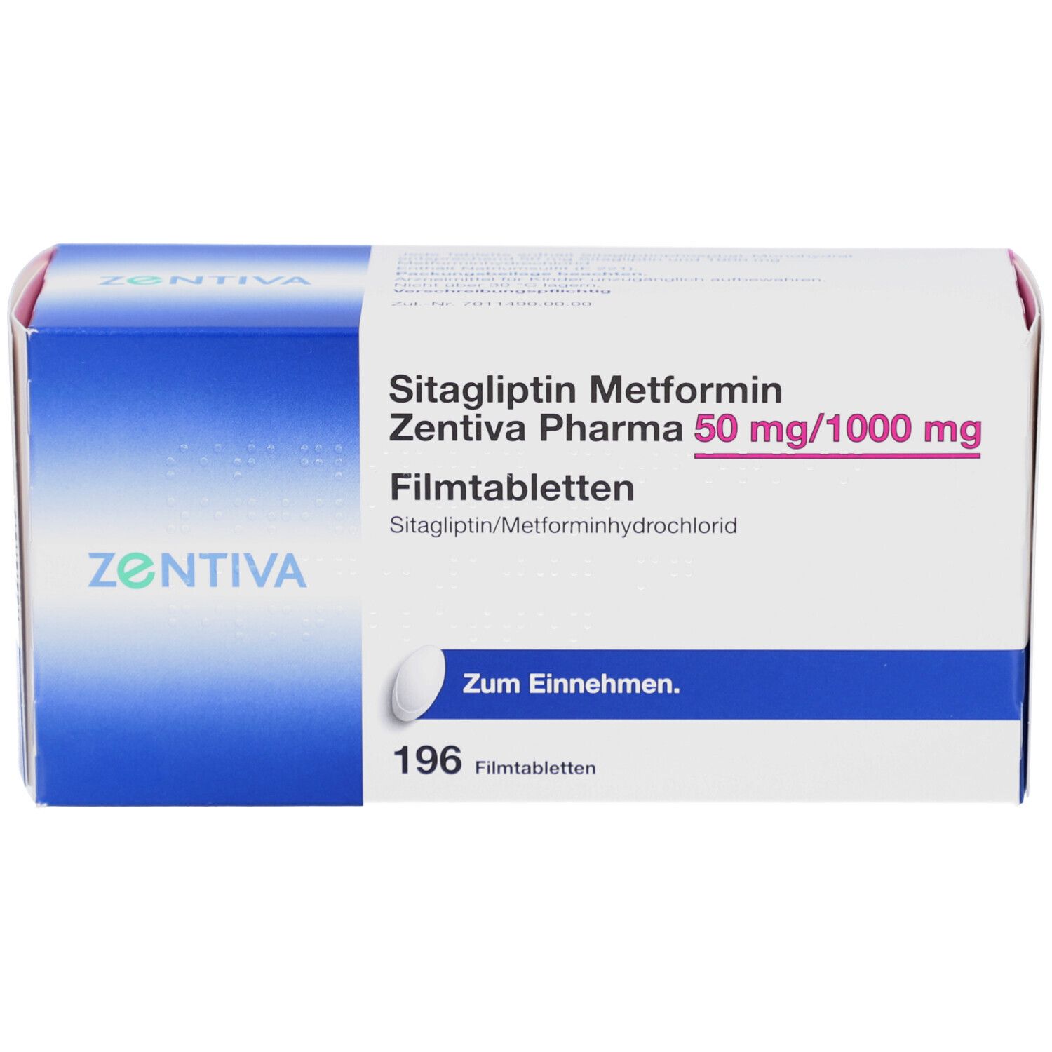 Verpackung von Sitagliptin Metformin Zentiva Pharma 50 mg/1000 mg Filmtabletten. Enthält 196 Tabletten. Mit Aufschrift 'Zum Einnehmen'.