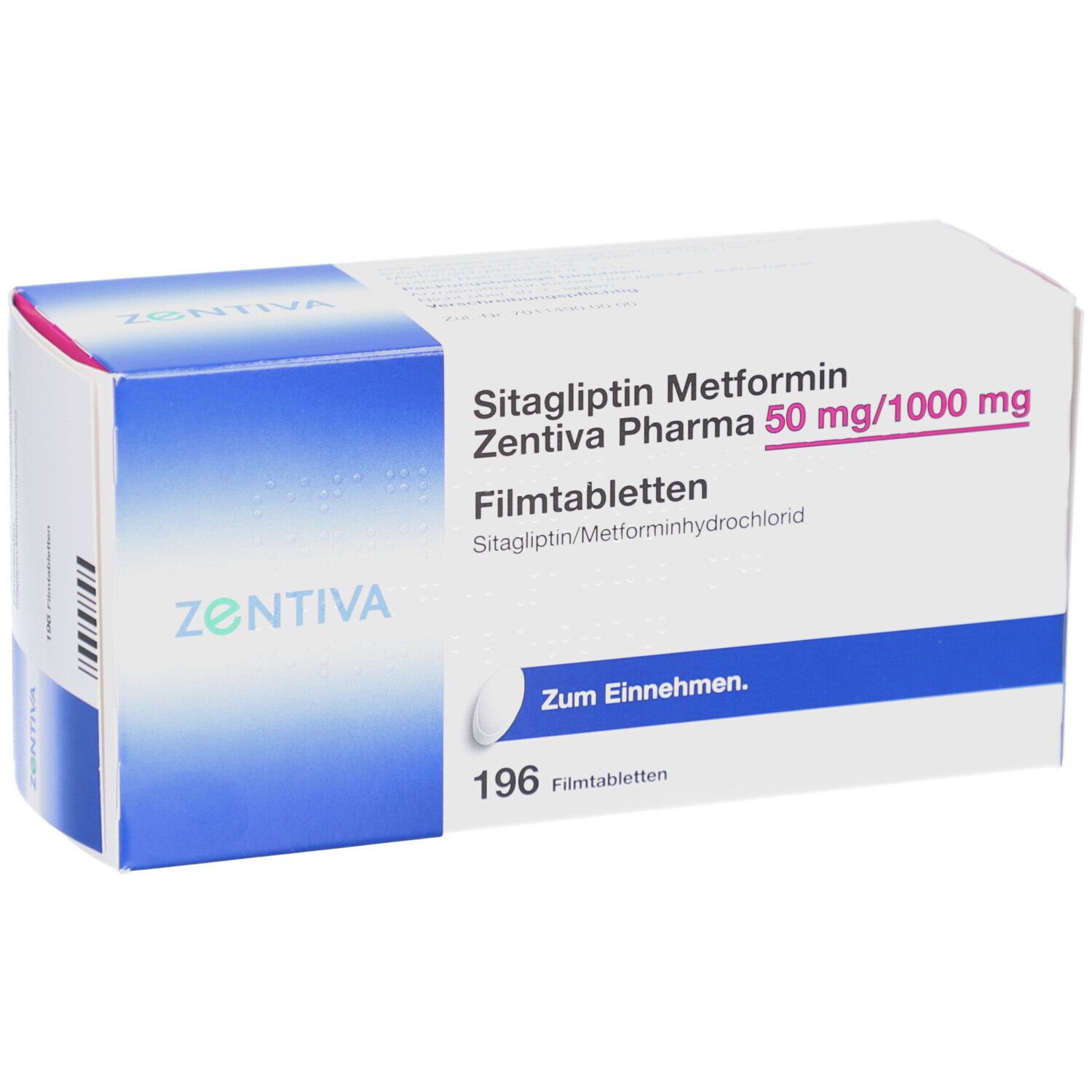 Verpackung von Sitagliptin Metformin Zentiva Pharma 50 mg/1000 mg Filmtabletten. Enthält 196 Tabletten. Mit Aufschrift 'Zum Einnehmen'.