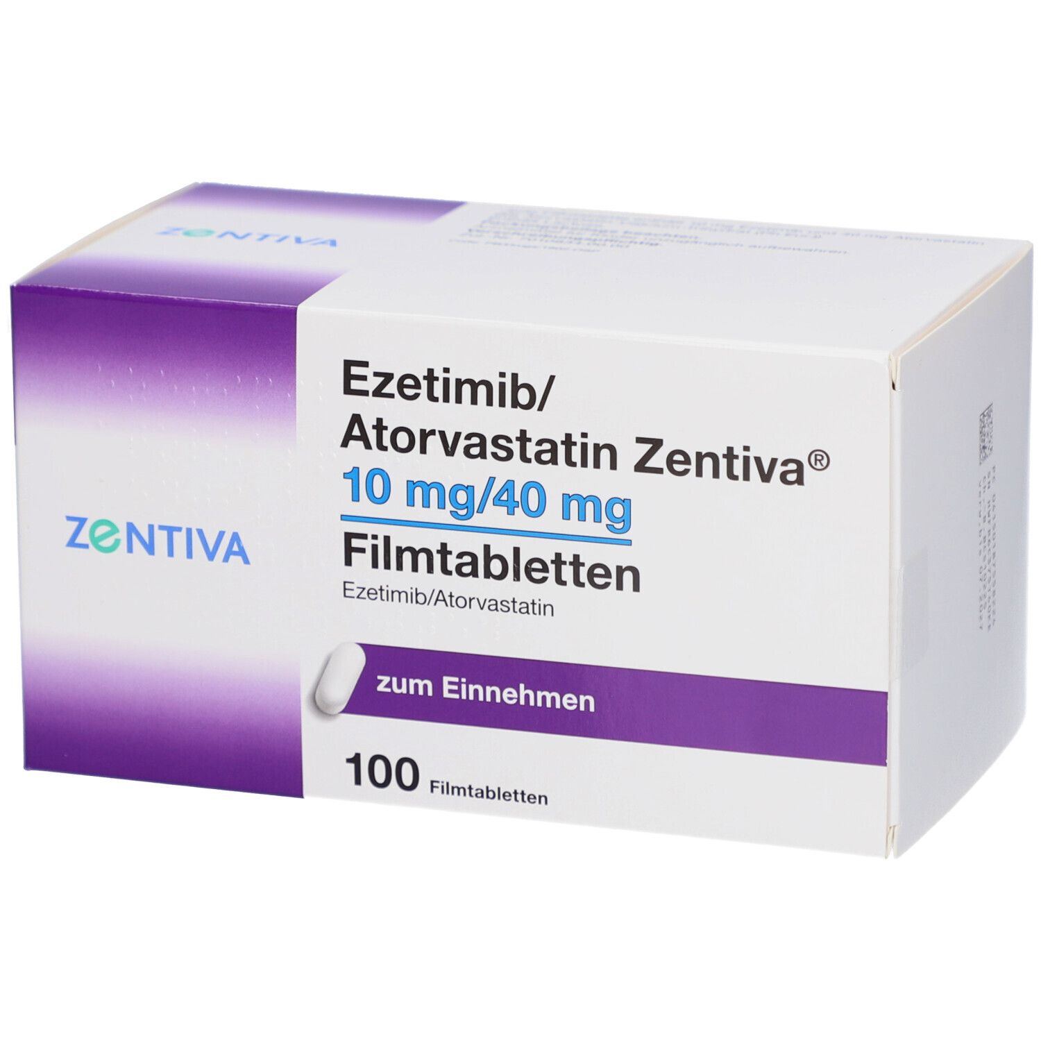 Schachtel mit EZETIMIB/Atorvastatin Zentiva Filmtabletten. Aufschrift: 10 mg/40 mg, 100 Filmtabletten. Zentiva Logo.