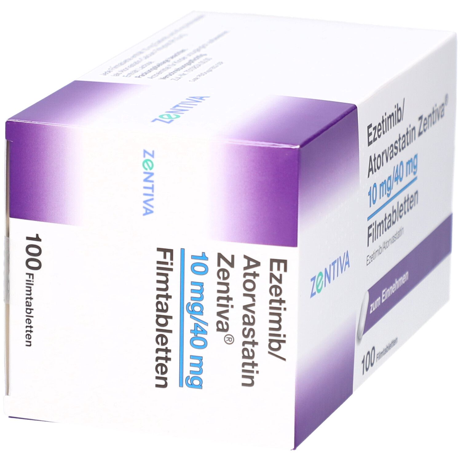 Schachtel mit EZETIMIB/Atorvastatin Zentiva Filmtabletten. Aufschrift: 10 mg/40 mg, 100 Filmtabletten. Zentiva Logo.