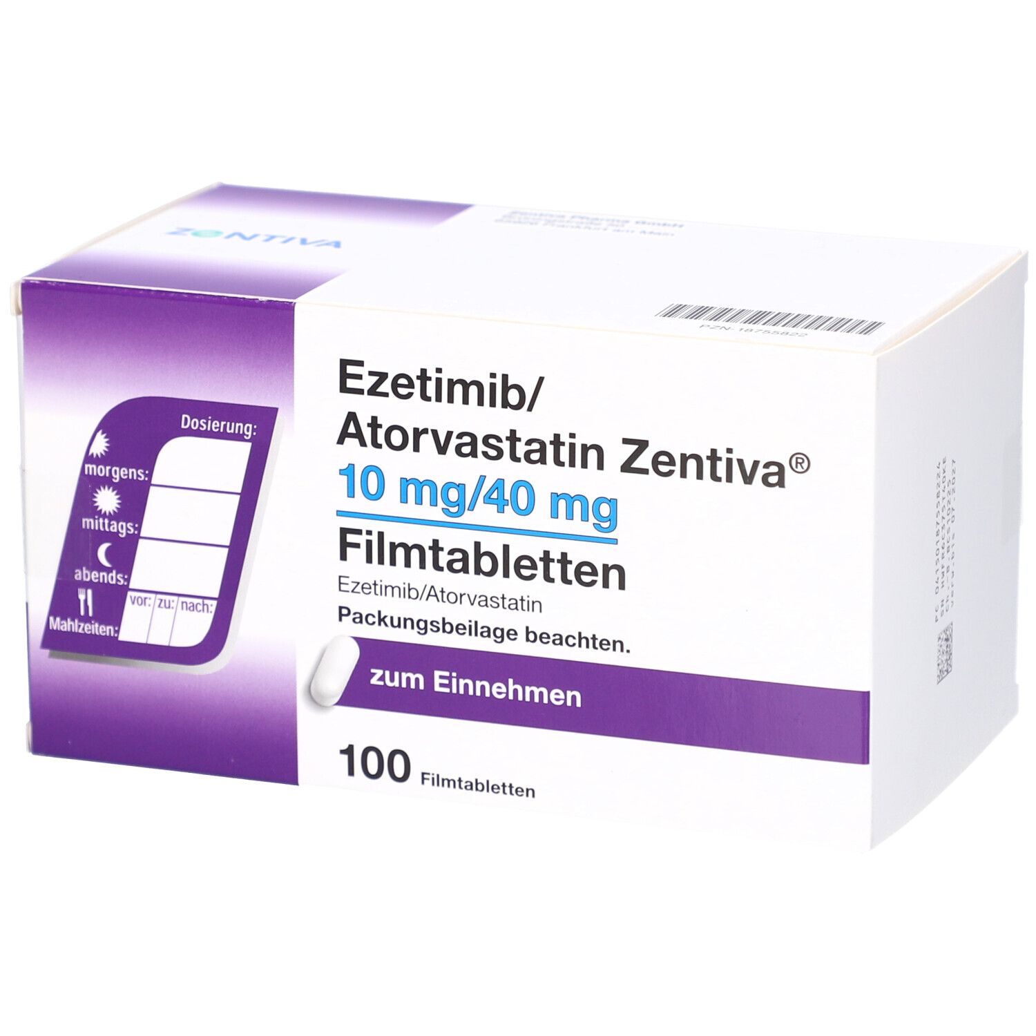 Schachtel mit EZETIMIB/Atorvastatin Zentiva Filmtabletten. Aufschrift: 10 mg/40 mg, 100 Filmtabletten. Zentiva Logo. Mit Dosierungshinweis.