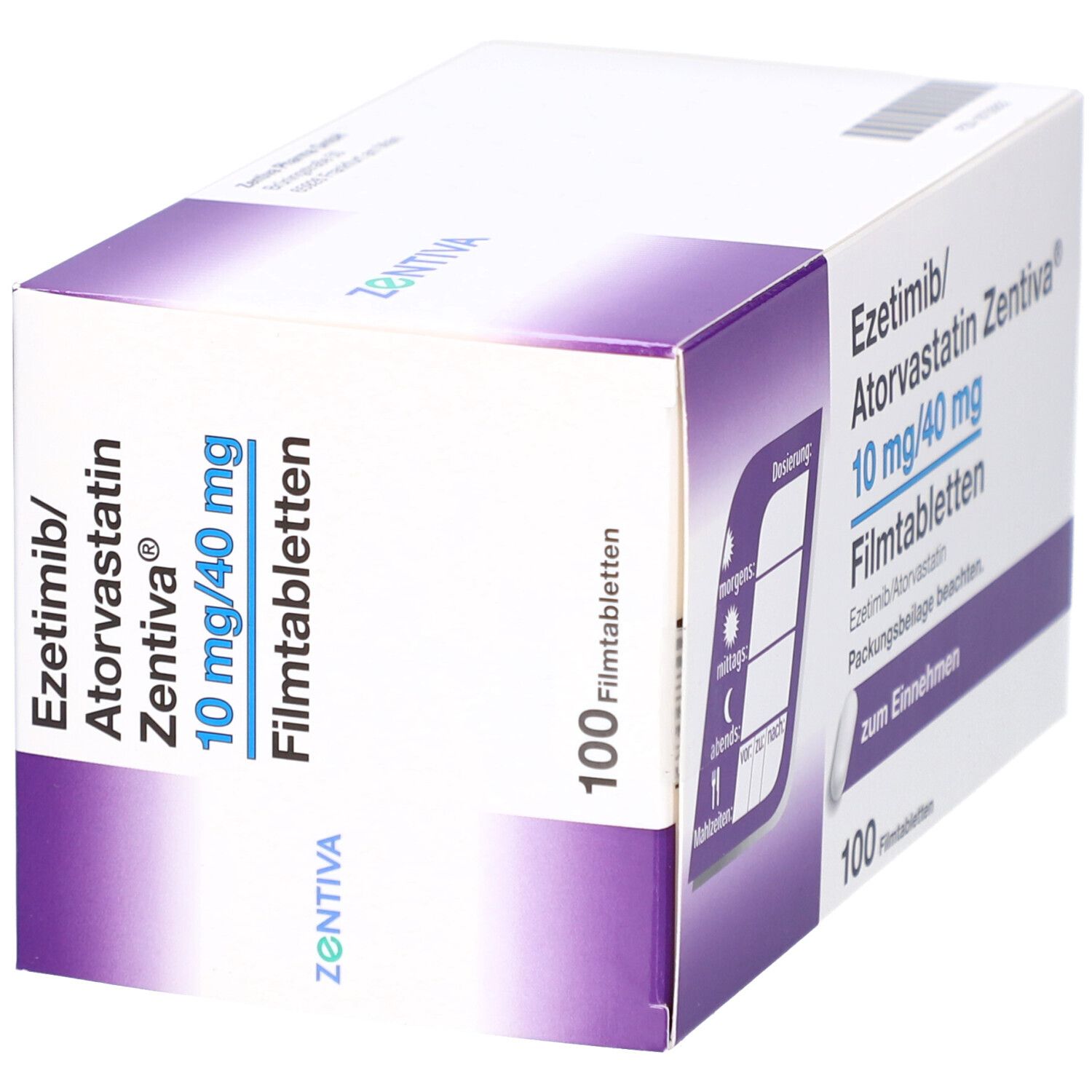 Schachtel mit EZETIMIB/Atorvastatin Zentiva Filmtabletten. Aufschrift: 10 mg/40 mg, 100 Filmtabletten. Zentiva Logo. Mit Dosierungshinweis.