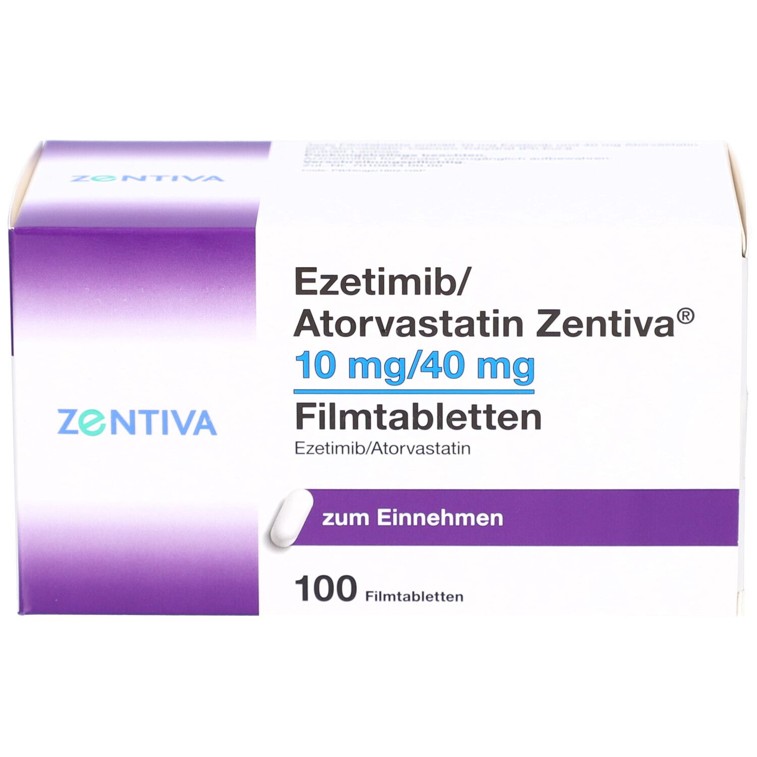 Schachtel mit EZETIMIB/Atorvastatin Zentiva Filmtabletten. Aufschrift: 10 mg/40 mg, 100 Filmtabletten. Zentiva Logo.