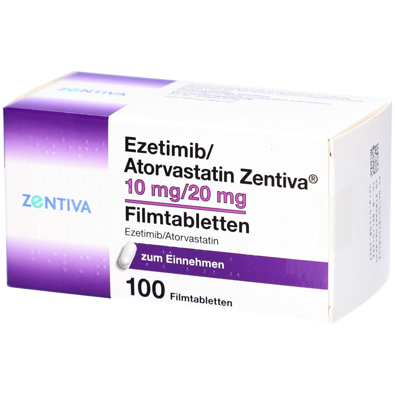 Schachtel mit EZETIMIB/Atorvastatin Zentiva 10 mg/20 mg Filmtab. Aufschrift: 100 Filmtabletten. Marke: Zentiva.