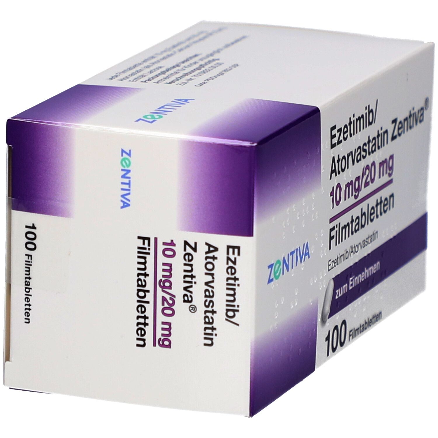Schachtel mit EZETIMIB/Atorvastatin Zentiva 10 mg/20 mg Filmtab. Aufschrift: 100 Filmtabletten. Marke: Zentiva.