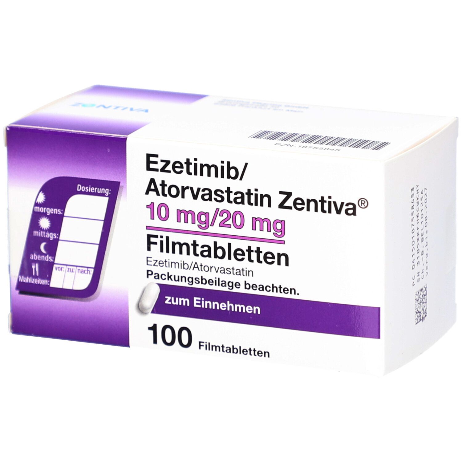 Schachtel mit EZETIMIB/Atorvastatin Zentiva 10 mg/20 mg Filmtab. Aufschrift: 100 Filmtabletten. Marke: Zentiva.