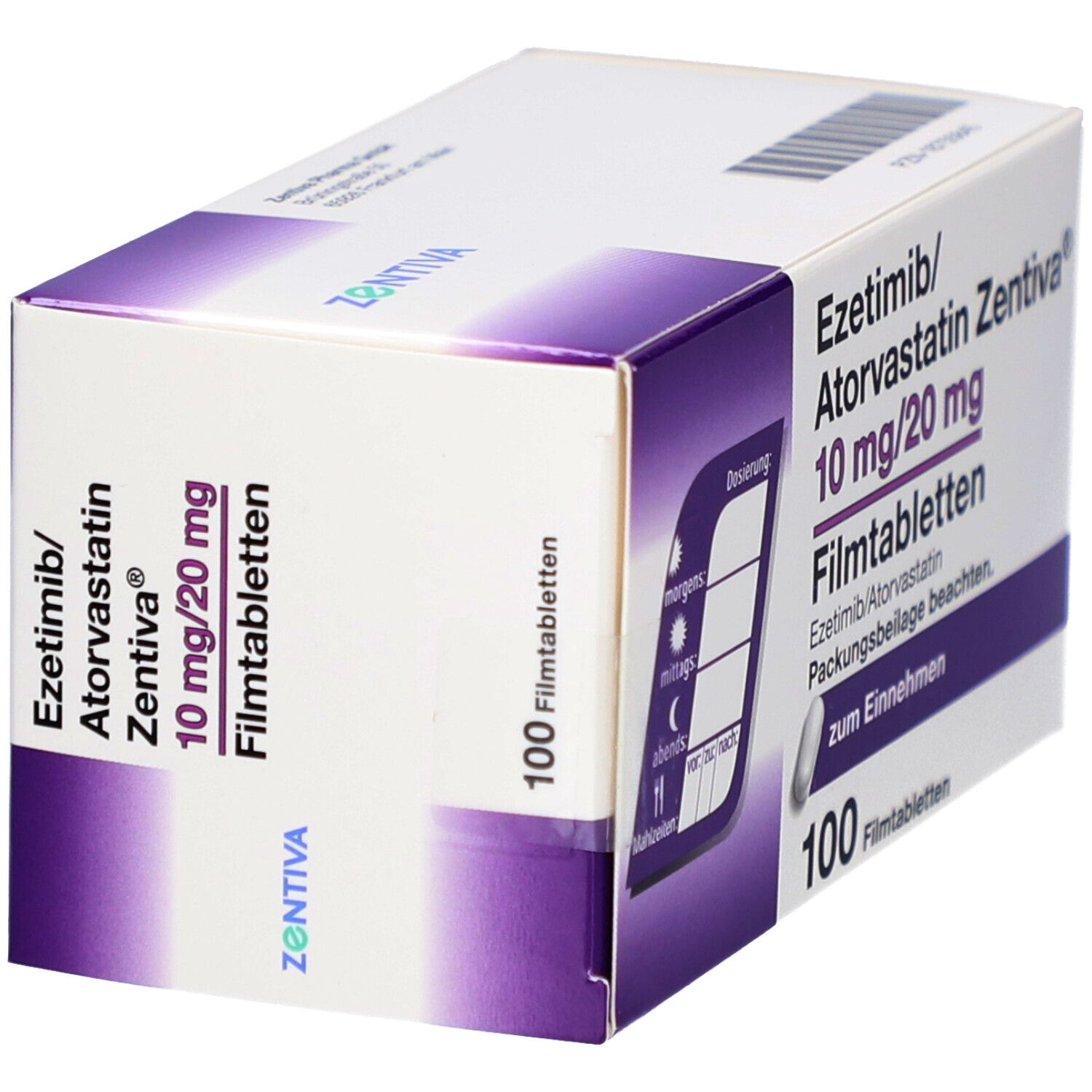 Schachtel mit EZETIMIB/Atorvastatin Zentiva 10 mg/20 mg Filmtab. Aufschrift: 100 Filmtabletten. Marke: Zentiva.