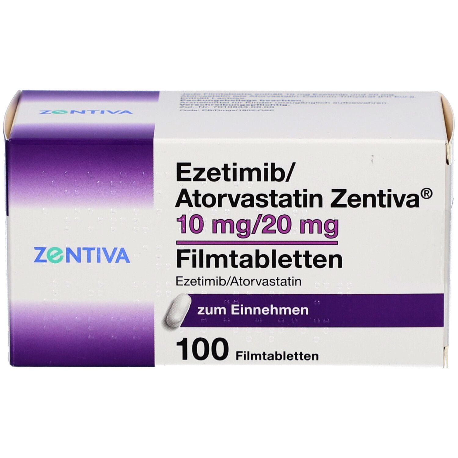 Schachtel mit EZETIMIB/Atorvastatin Zentiva 10 mg/20 mg Filmtab. Aufschrift: 100 Filmtabletten. Marke: Zentiva.
