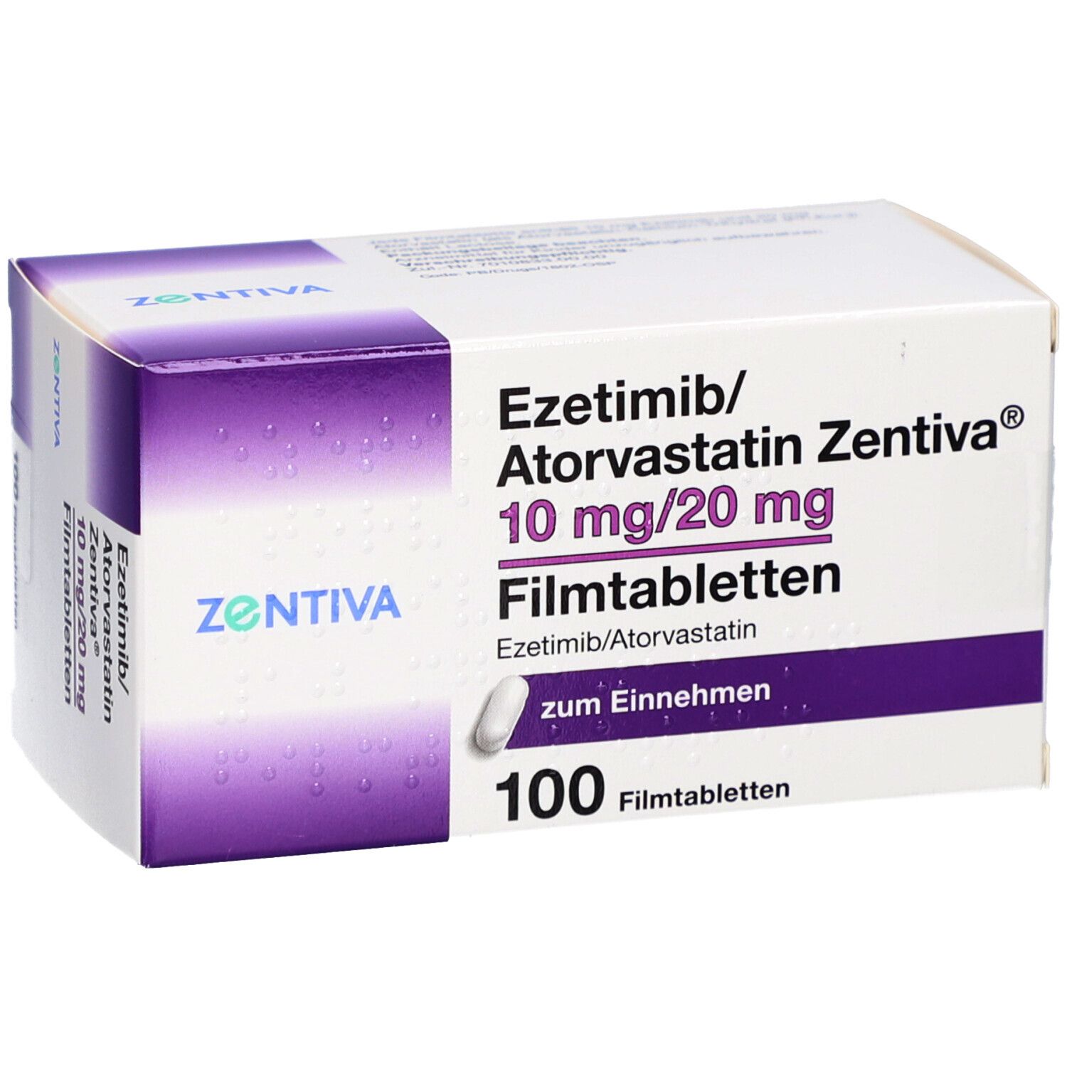 Schachtel mit EZETIMIB/Atorvastatin Zentiva 10 mg/20 mg Filmtab. Aufschrift: 100 Filmtabletten. Marke: Zentiva.
