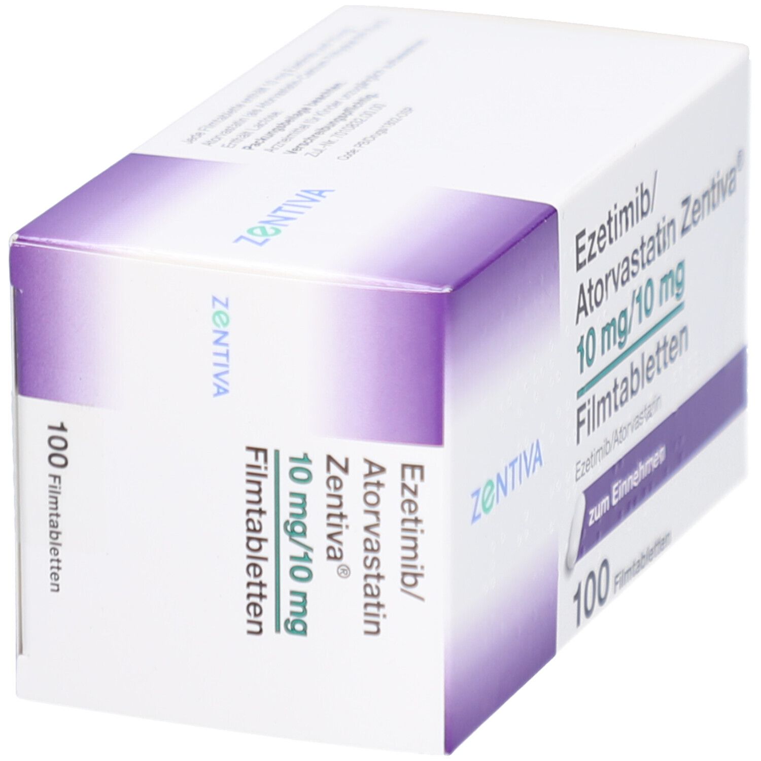 Schachtel mit EZETIMIB/Atorvastatin Zentiva 10 mg/10 mg Filmtab. Aufschrift: 100 Filmtabletten. Lila und weiß.