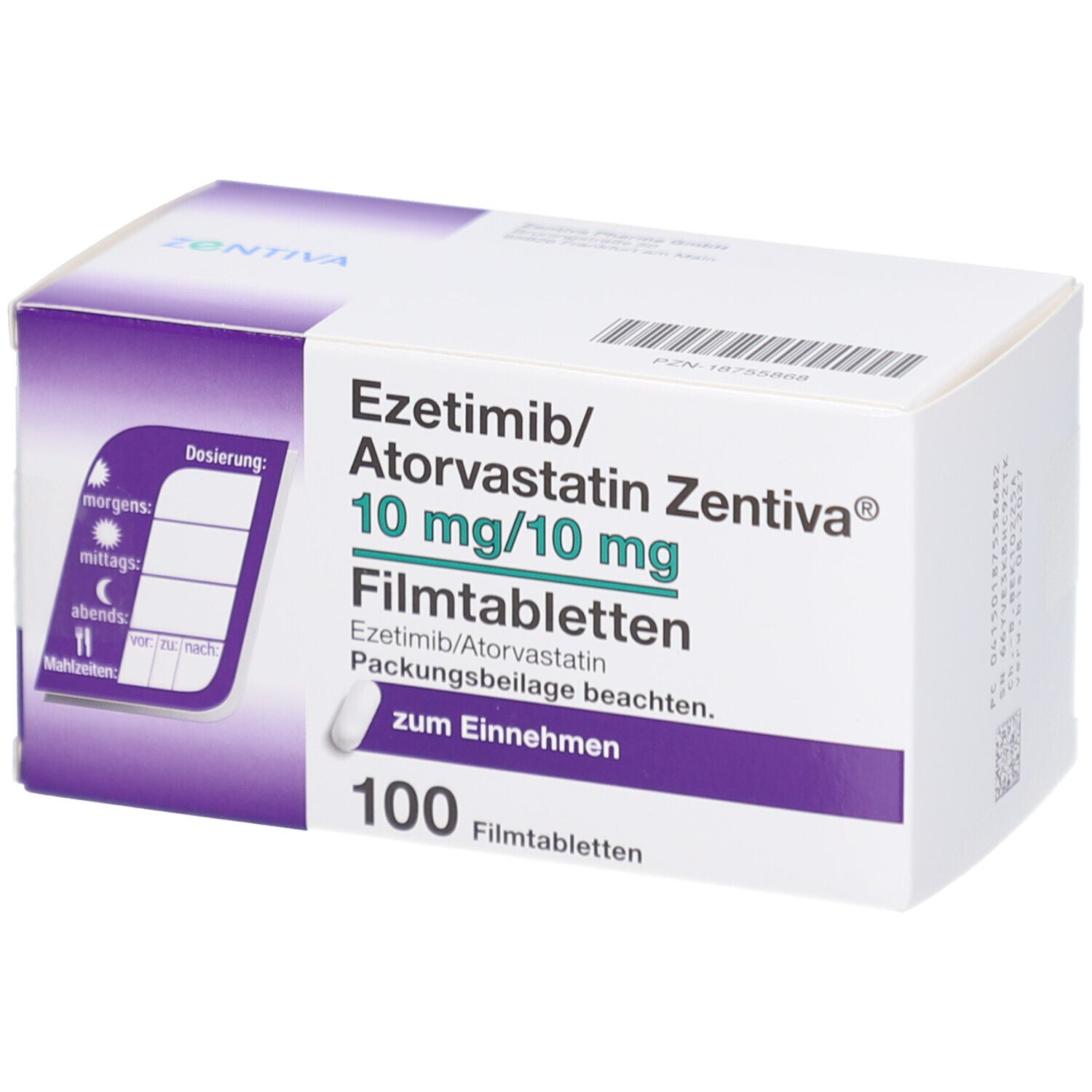 Schachtel mit EZETIMIB/Atorvastatin Zentiva 10 mg/10 mg Filmtab. Aufschrift: 100 Filmtabletten. Lila und weiß. Dosierung.