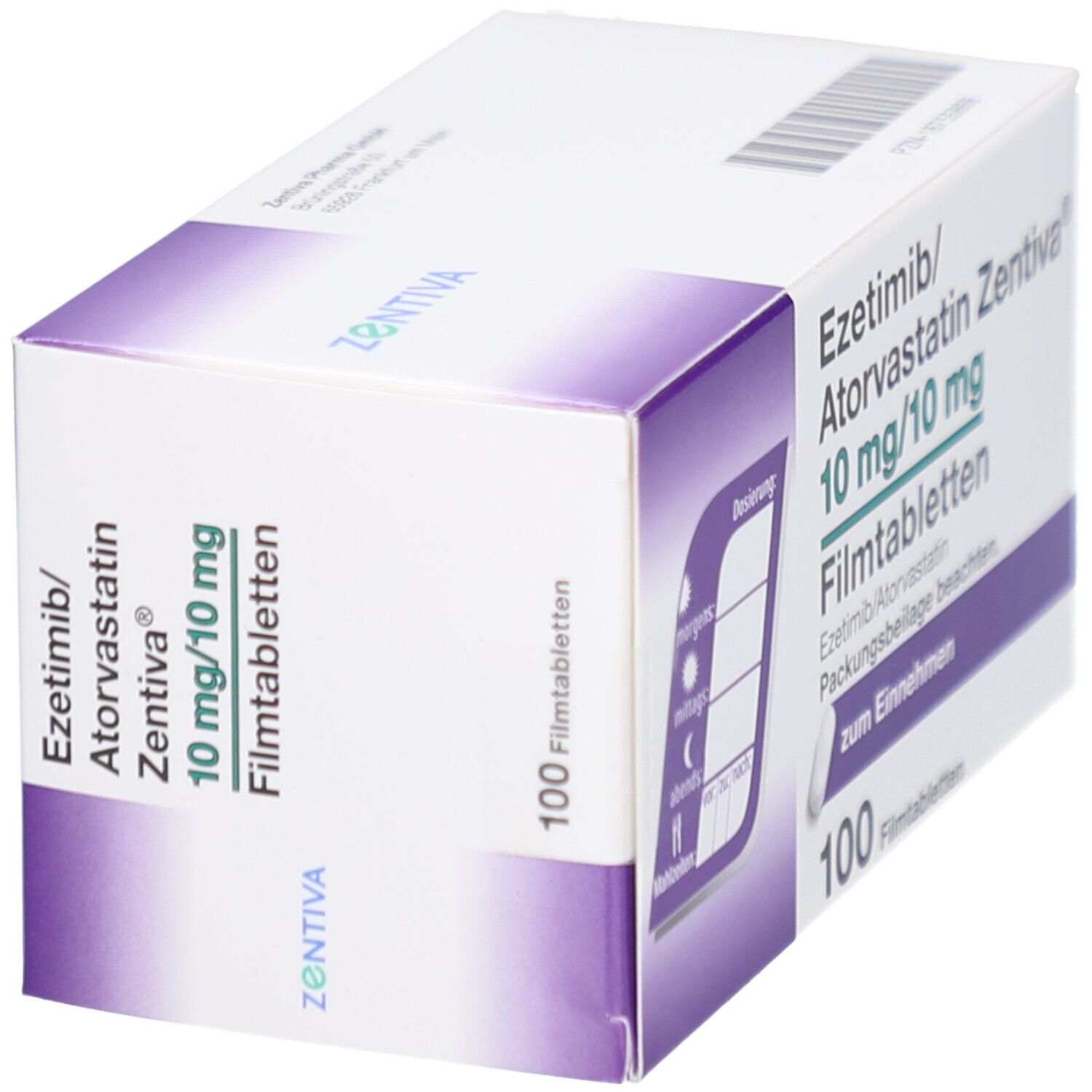 Schachtel mit EZETIMIB/Atorvastatin Zentiva 10 mg/10 mg Filmtab. Aufschrift: 100 Filmtabletten. Lila und weiß. Dosierung.