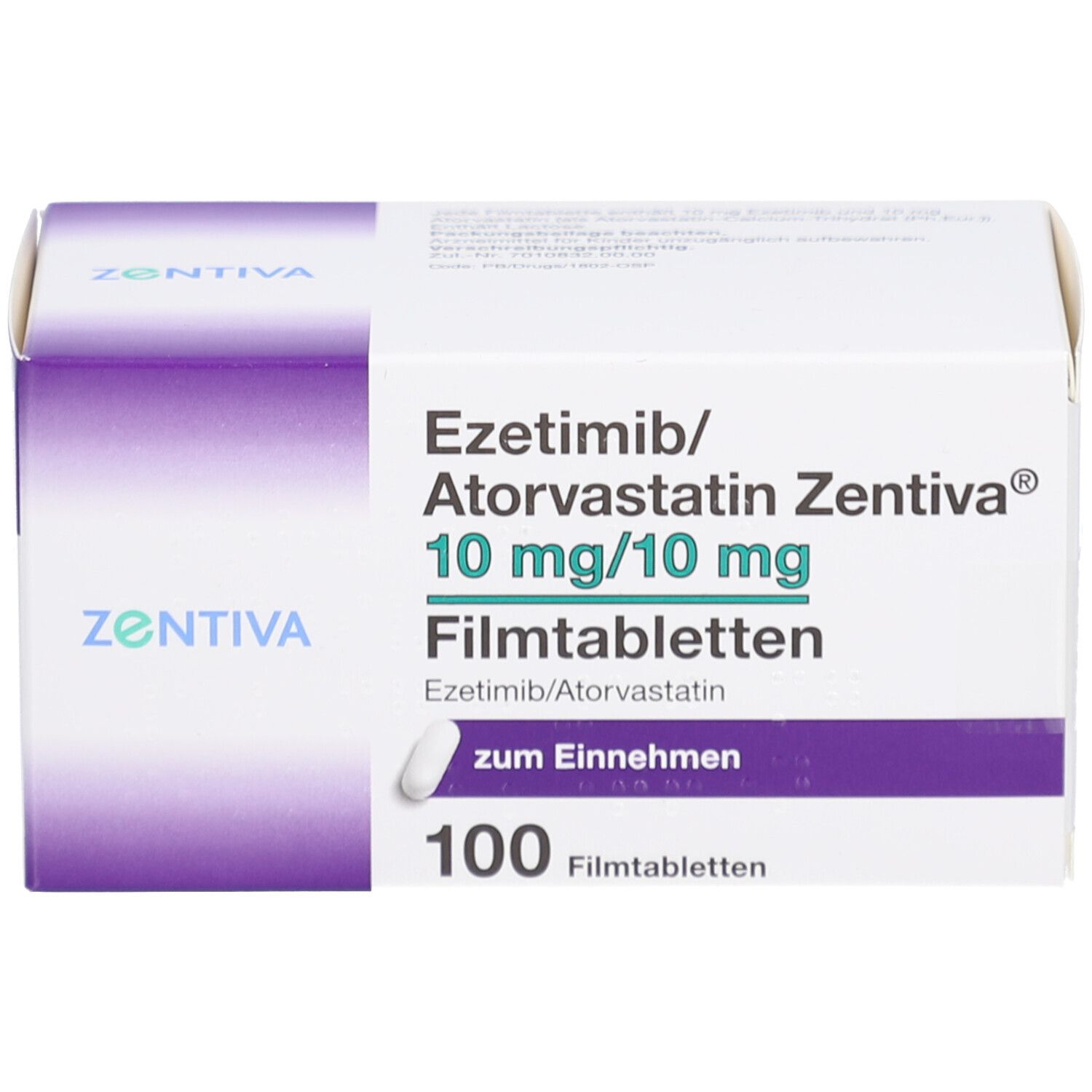 Schachtel mit EZETIMIB/Atorvastatin Zentiva 10 mg/10 mg Filmtab. Aufschrift: 100 Filmtabletten. Lila und weiß.