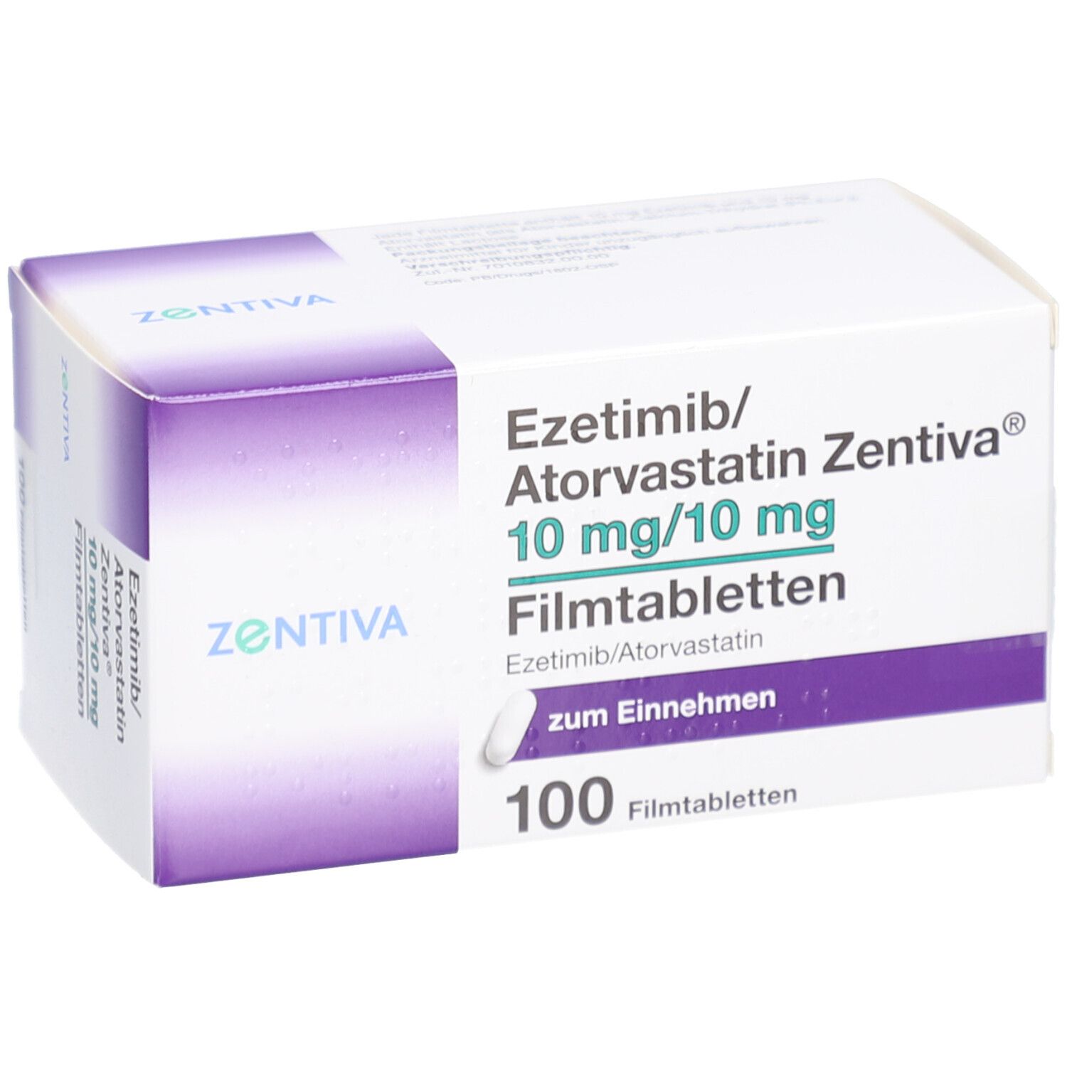 Schachtel mit EZETIMIB/Atorvastatin Zentiva 10 mg/10 mg Filmtab. Aufschrift: 100 Filmtabletten. Lila und weiß.