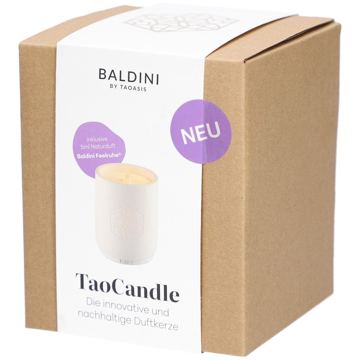 Kartonverpackung mit TaoCandle. Aufkleber mit Produktname, Marke Baldini und dem Hinweis "NEU".