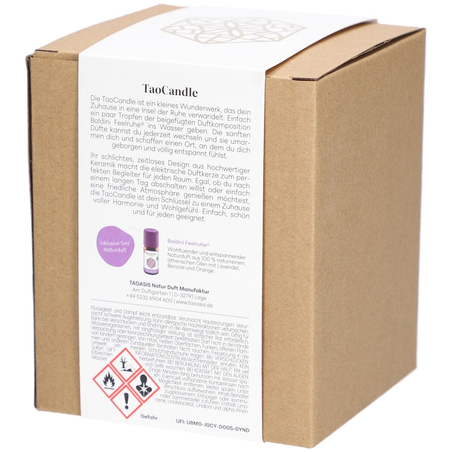 Kartonverpackung mit Produktinformationen und Inhaltsstoffen. Marke Baldini und TaoCandle.