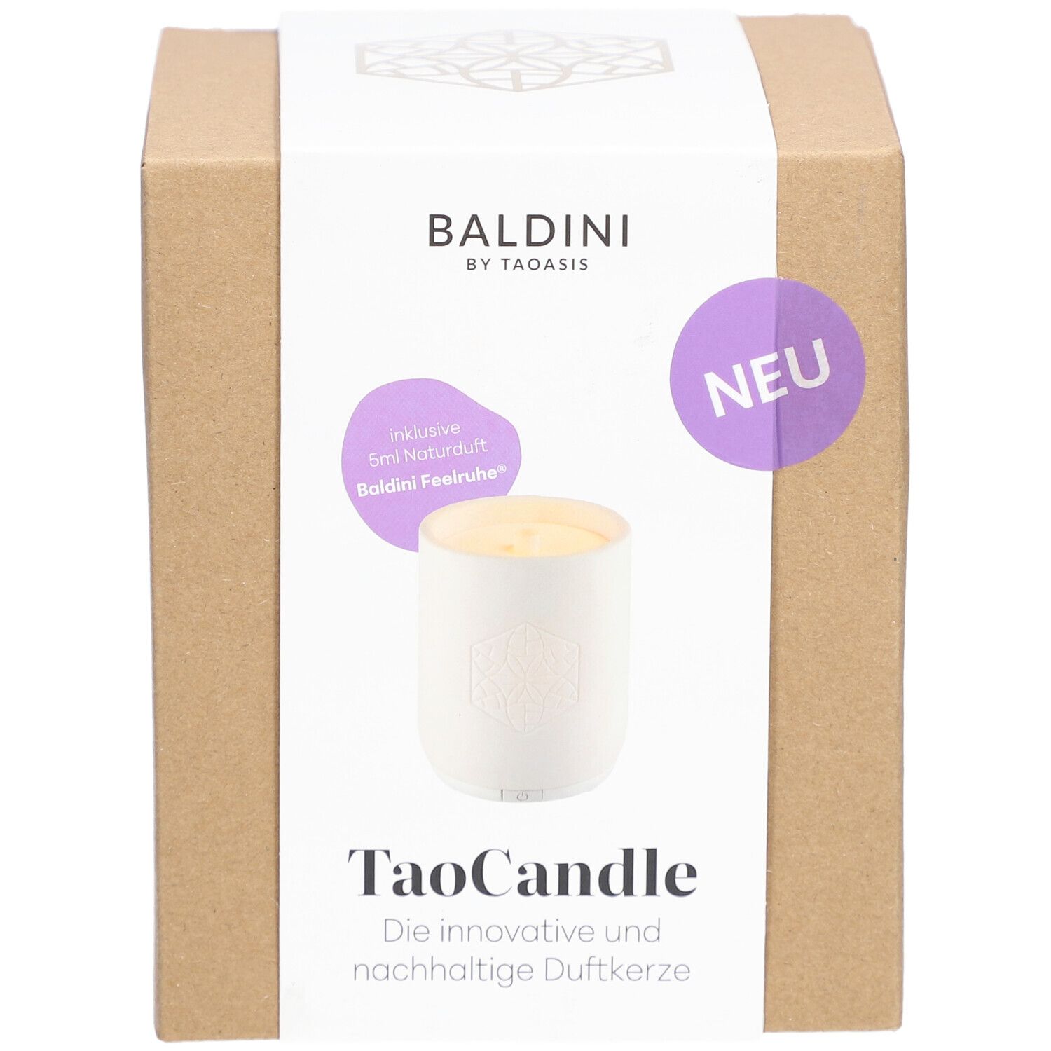 Kartonverpackung mit TaoCandle. Aufkleber mit Produktname, Marke Baldini und dem Hinweis "NEU".