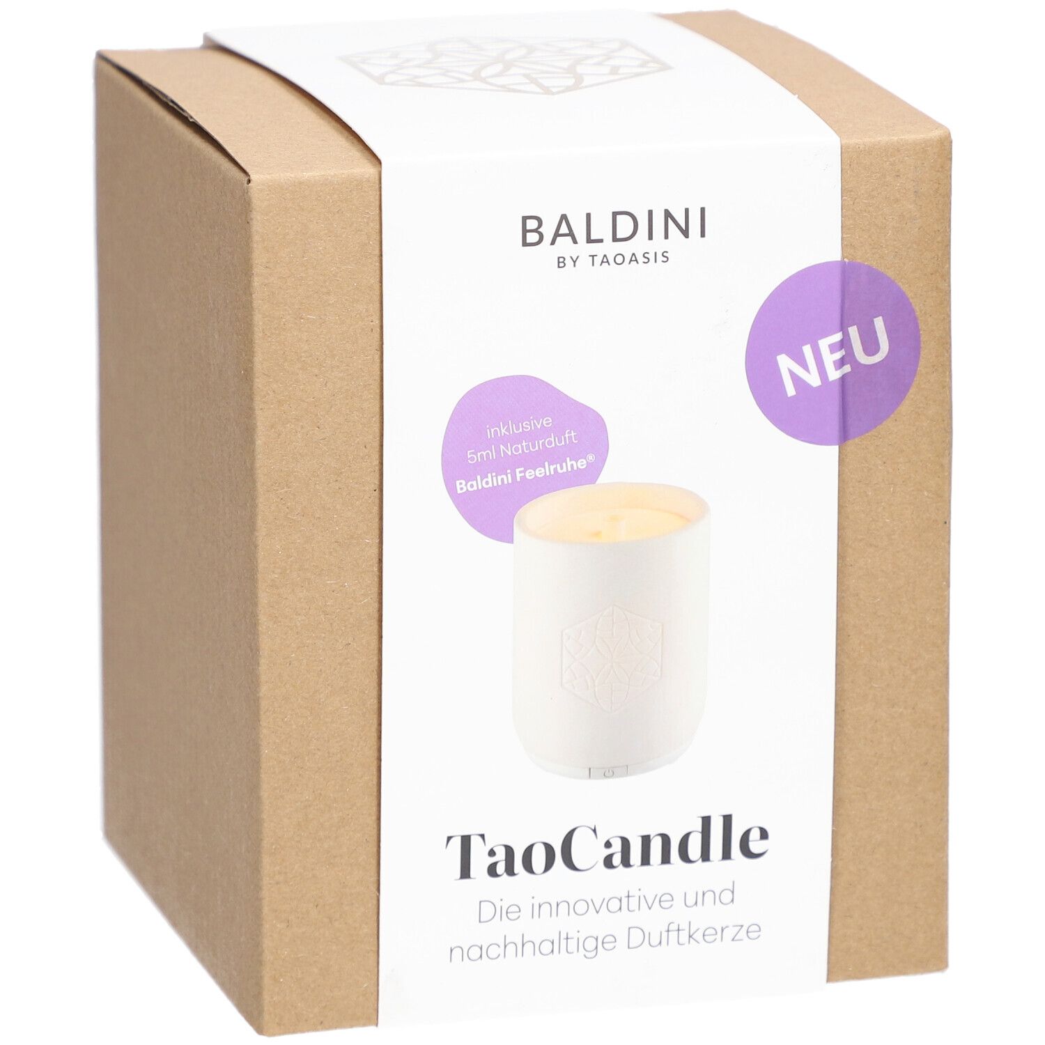 Kartonverpackung mit TaoCandle. Aufkleber mit Produktname, Marke Baldini und dem Hinweis "NEU".