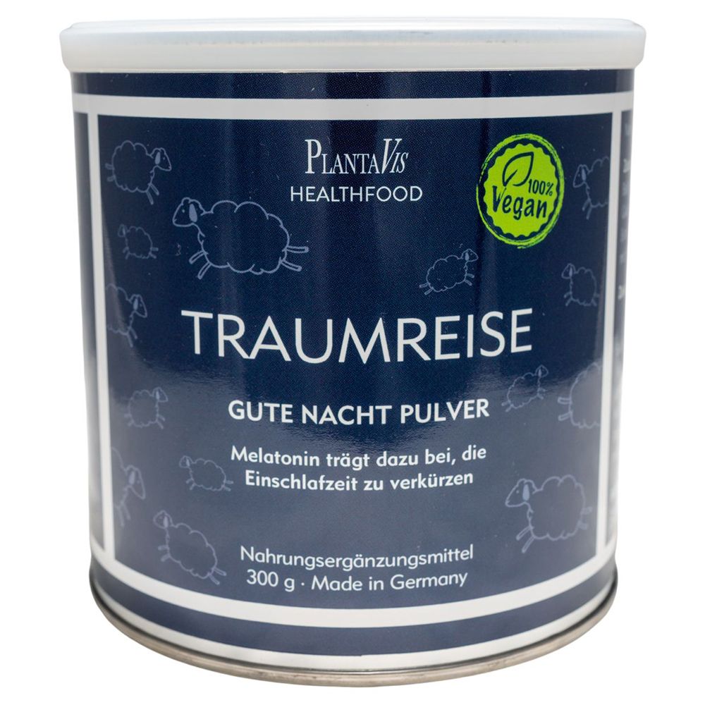 Dose mit blauem Etikett. Aufschrift: Traumreise, Gute Nacht Pulver. 100% Vegan Siegel. 300g.