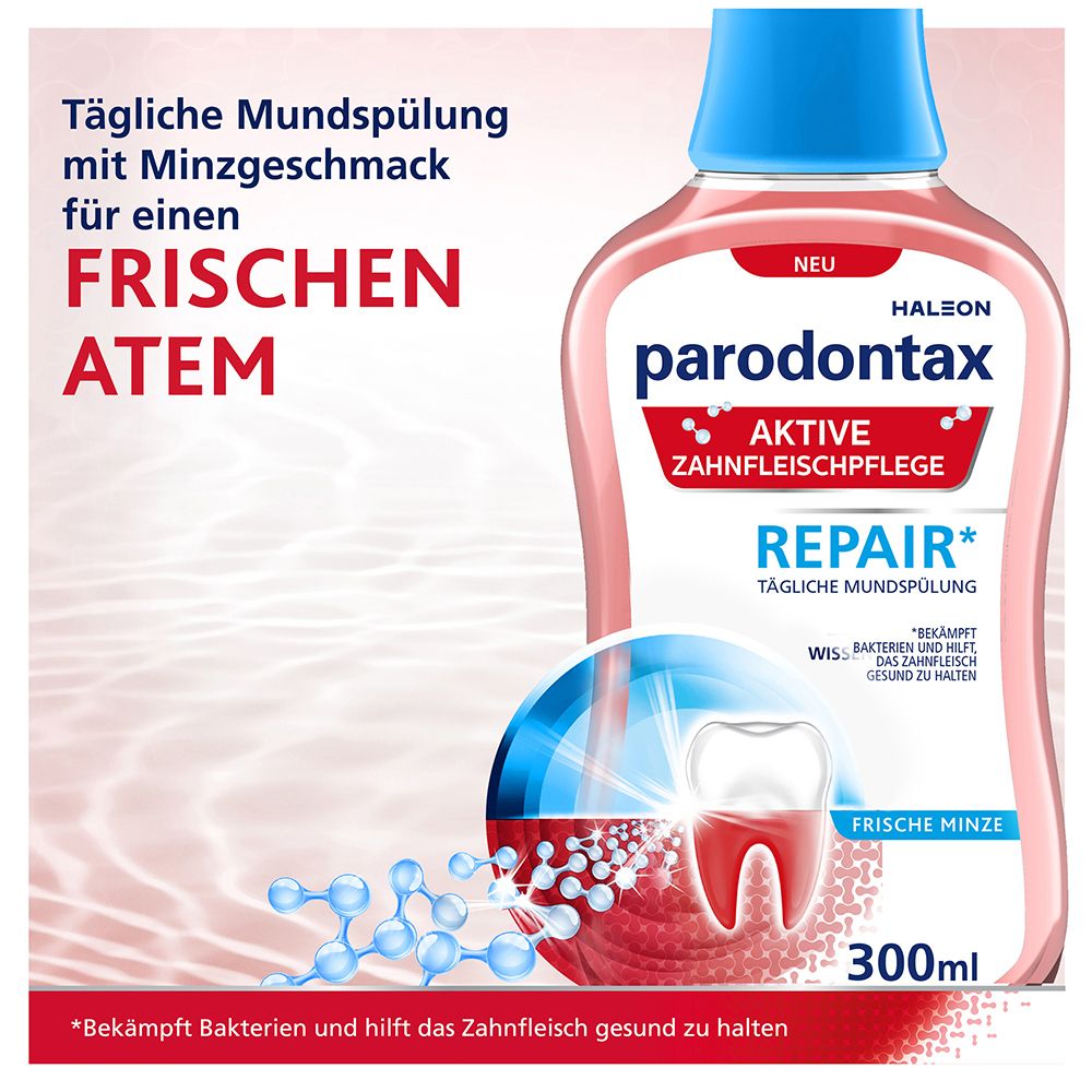 Flasche mit rosa Flüssigkeit und blauem Verschluss. Aufschrift: parodontax Aktive Zahnfleischpflege REPAIR. Frischer Atem. Frische Minze.