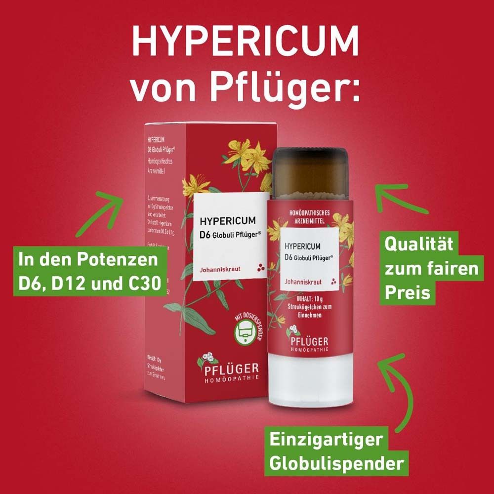 Hypericum D6 Globuli Pflüger®-Packung und Flasche. Roter Hintergrund mit Text und Pfeilen.