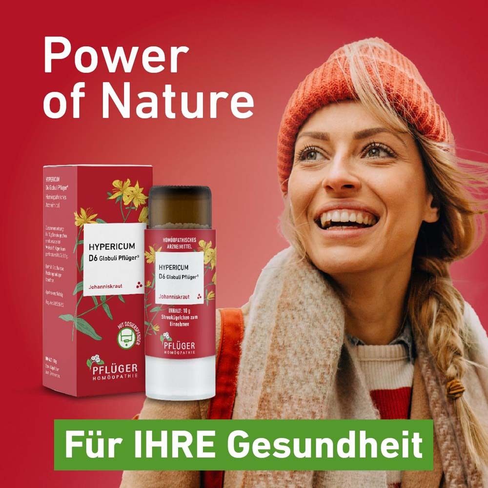 Frau mit Hypericum C30 Globuli Pflüger®. Produkt neben Frau. Roter Hintergrund mit Text: Power of Nature.