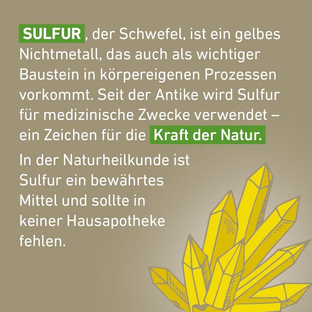 Text über Schwefel als gelbes Nichtmetall und Bestandteil körpereigener Prozesse. Naturheilkunde.