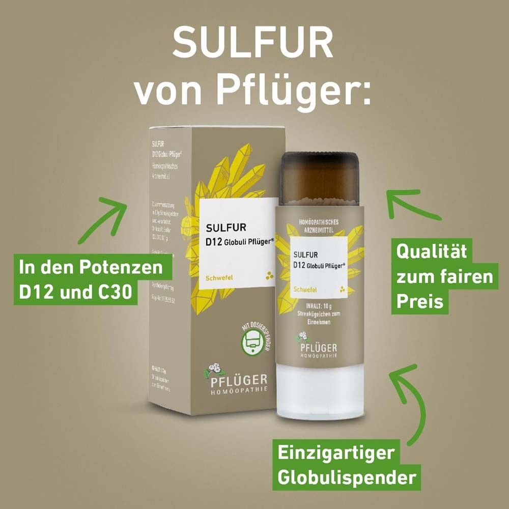 Sulfur von Pflüger®: Globuli und Packung. Text: D12 und C30, Qualität zum fairen Preis, Globulis.