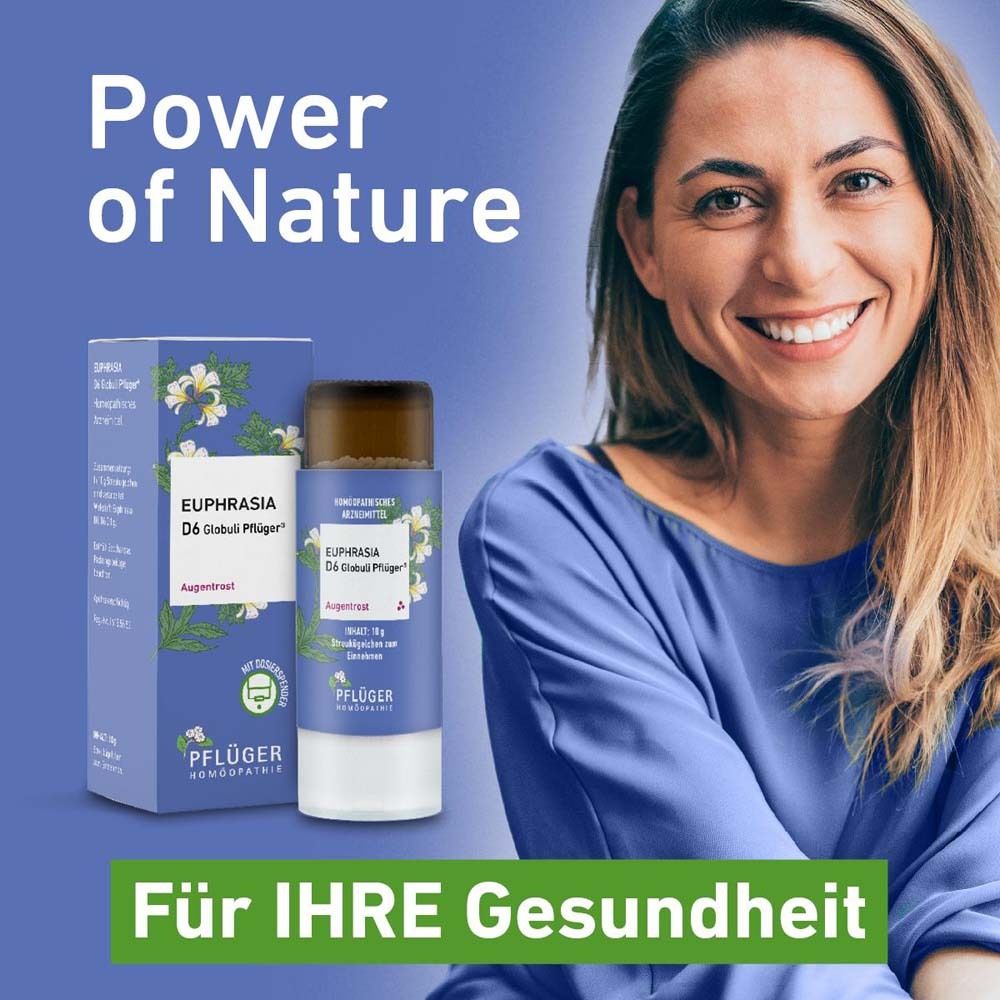Frau mit Euphrasia D6 Globuli Pflüger® und Verpackung. Text: Power of Nature, Für IHRE Gesundheit.