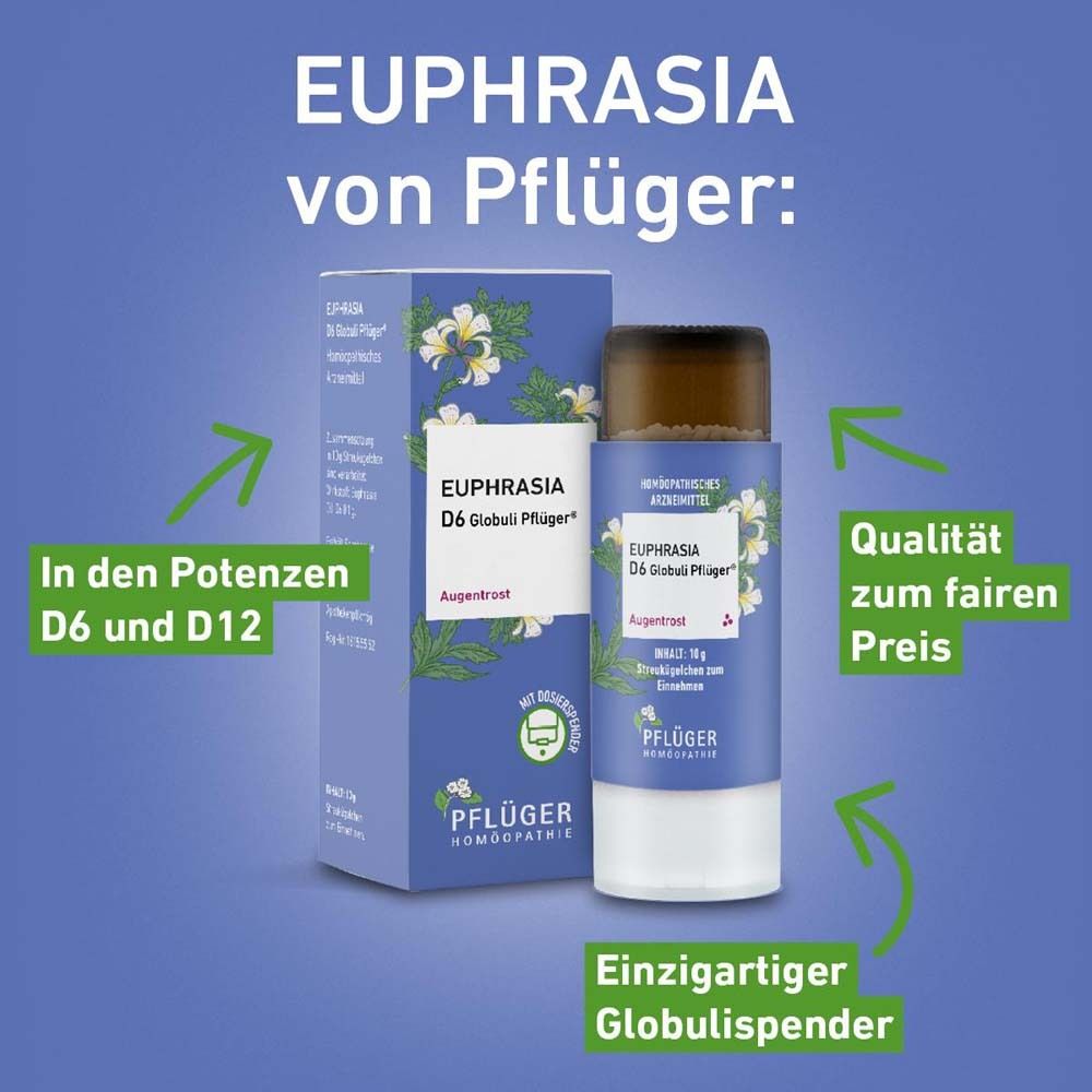 Euphrasia D6 Globuli Pflüger® und Verpackung. Pfeile zeigen auf D6, D12, Globulisspender und Preis.