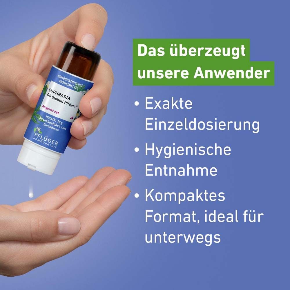 Hand hält Globuli-Spender. Text: Exakte Einzeldosierung, hygienische Entnahme, kompaktes Format.