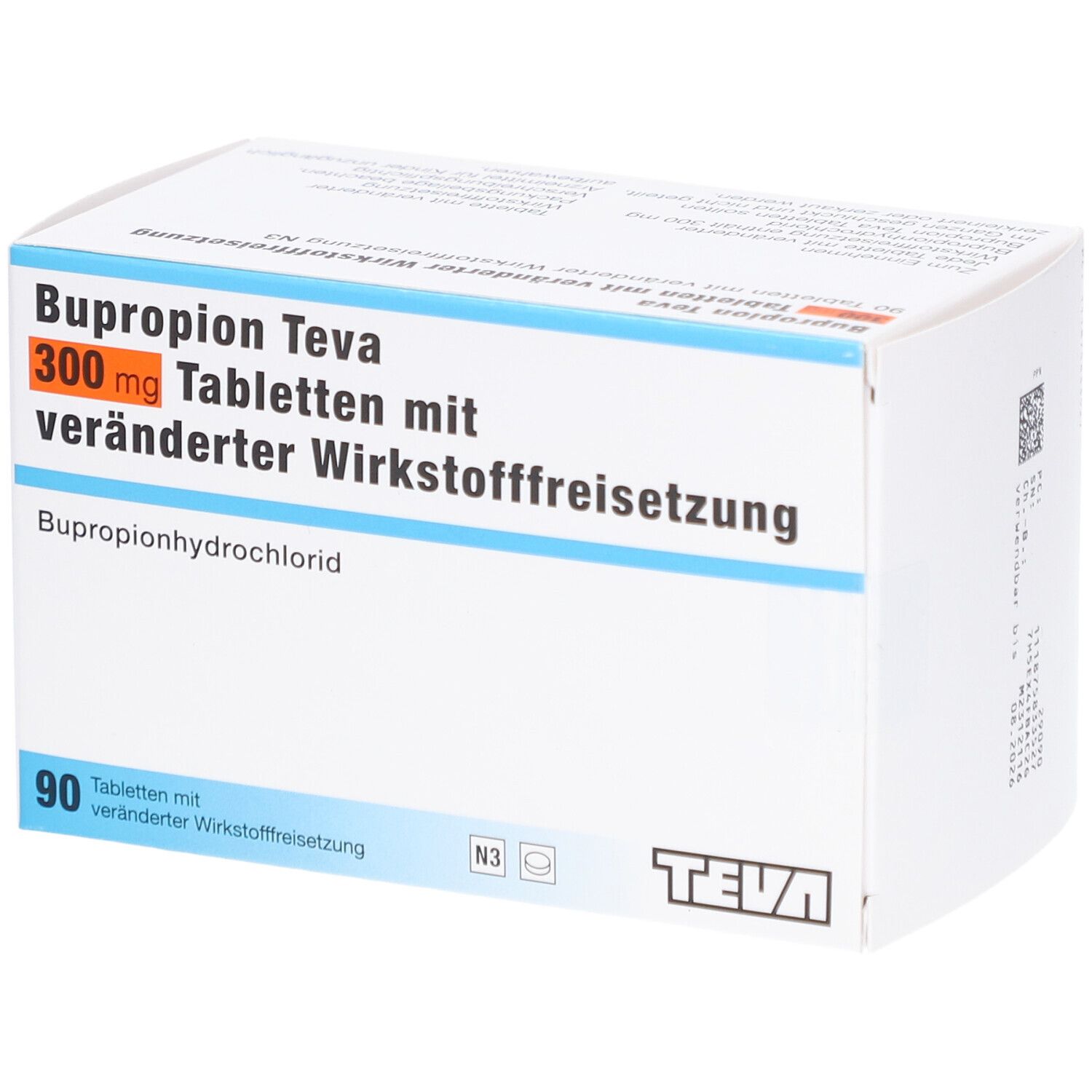 Arzneimittelpackung mit Aufschrift BUPROPION Teva 300 mg Tabletten. Enthält 90 Tabletten. Teva-Logo.
