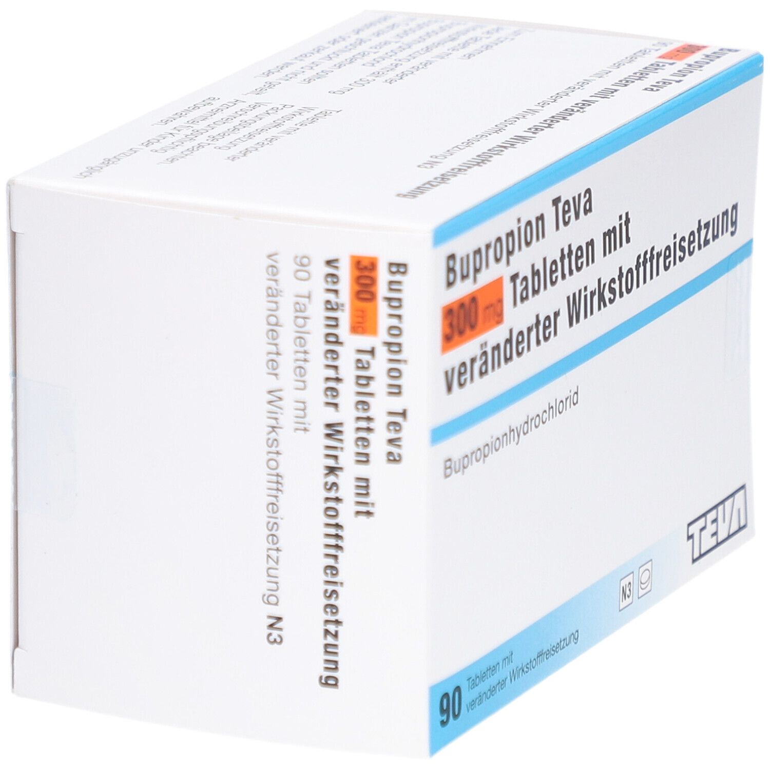 Arzneimittelpackung BUPROPION Teva 300 mg Tabletten. 90 Tabletten mit veränderter Wirkstofffreisetzung. Teva-Logo.