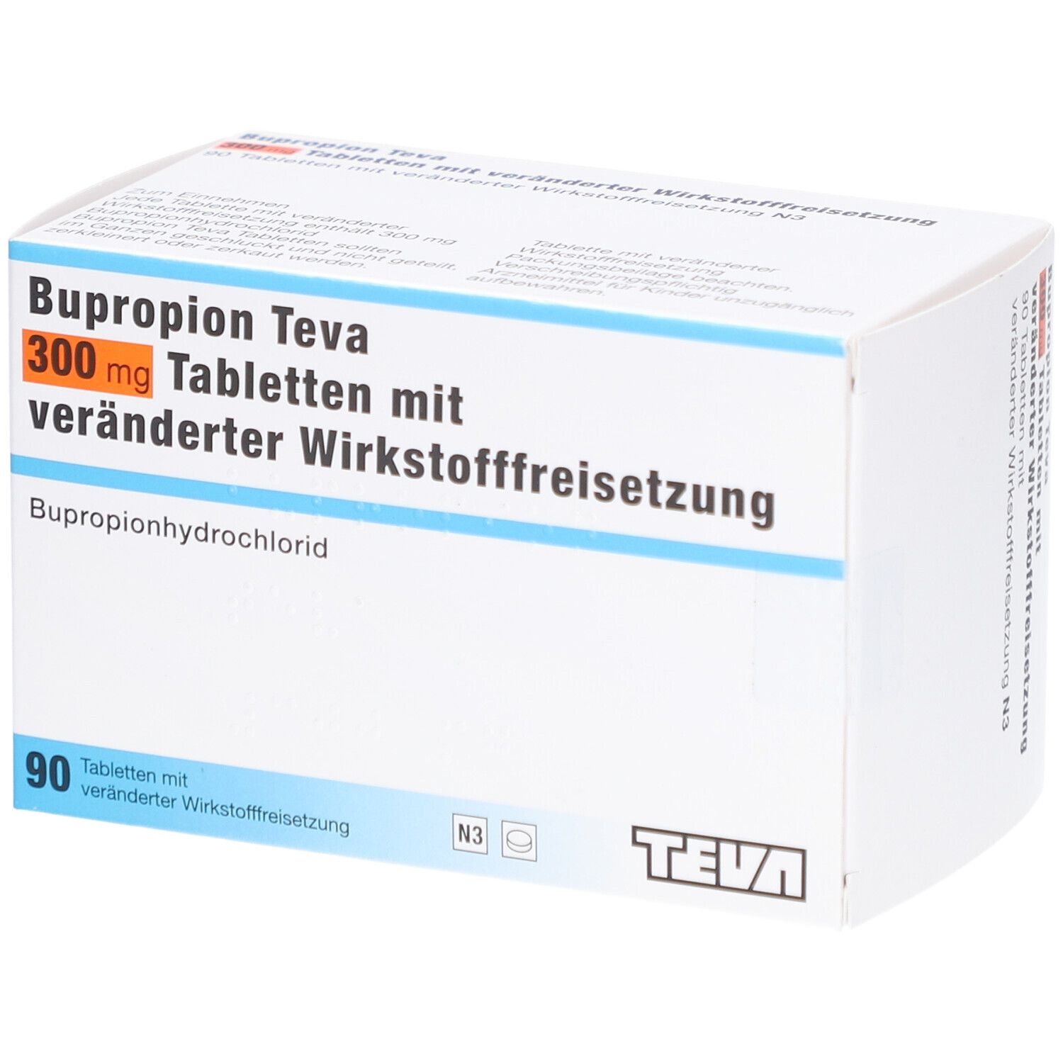 Arzneimittelpackung BUPROPION Teva 300 mg Tabletten. 90 Tabletten. Teva-Logo. Blaue und orangefarbene Akzente.