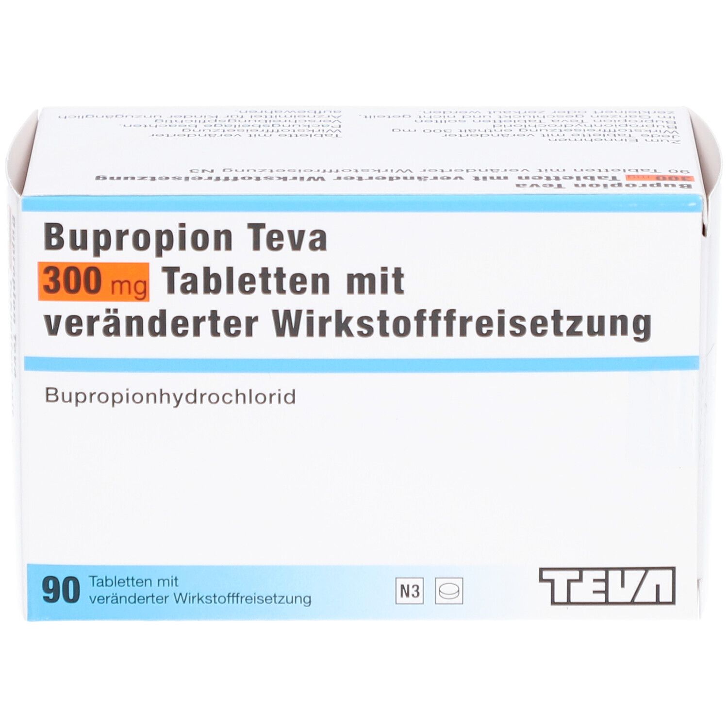 Arzneimittelpackung BUPROPION Teva 300 mg Tabletten. 90 Tabletten. Teva-Logo. Blaue und orangefarbene Schrift.
