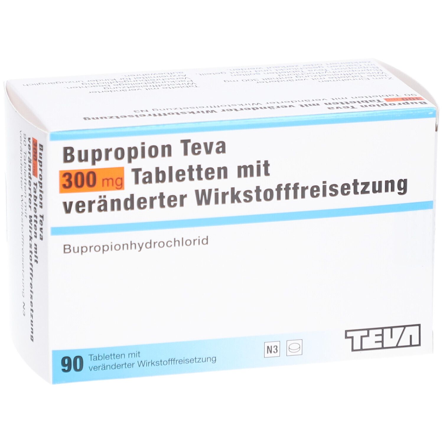 Arzneimittelpackung BUPROPION Teva 300 mg Tabletten. 90 Tabletten. Teva-Logo. Blaue und orangefarbene Schrift.