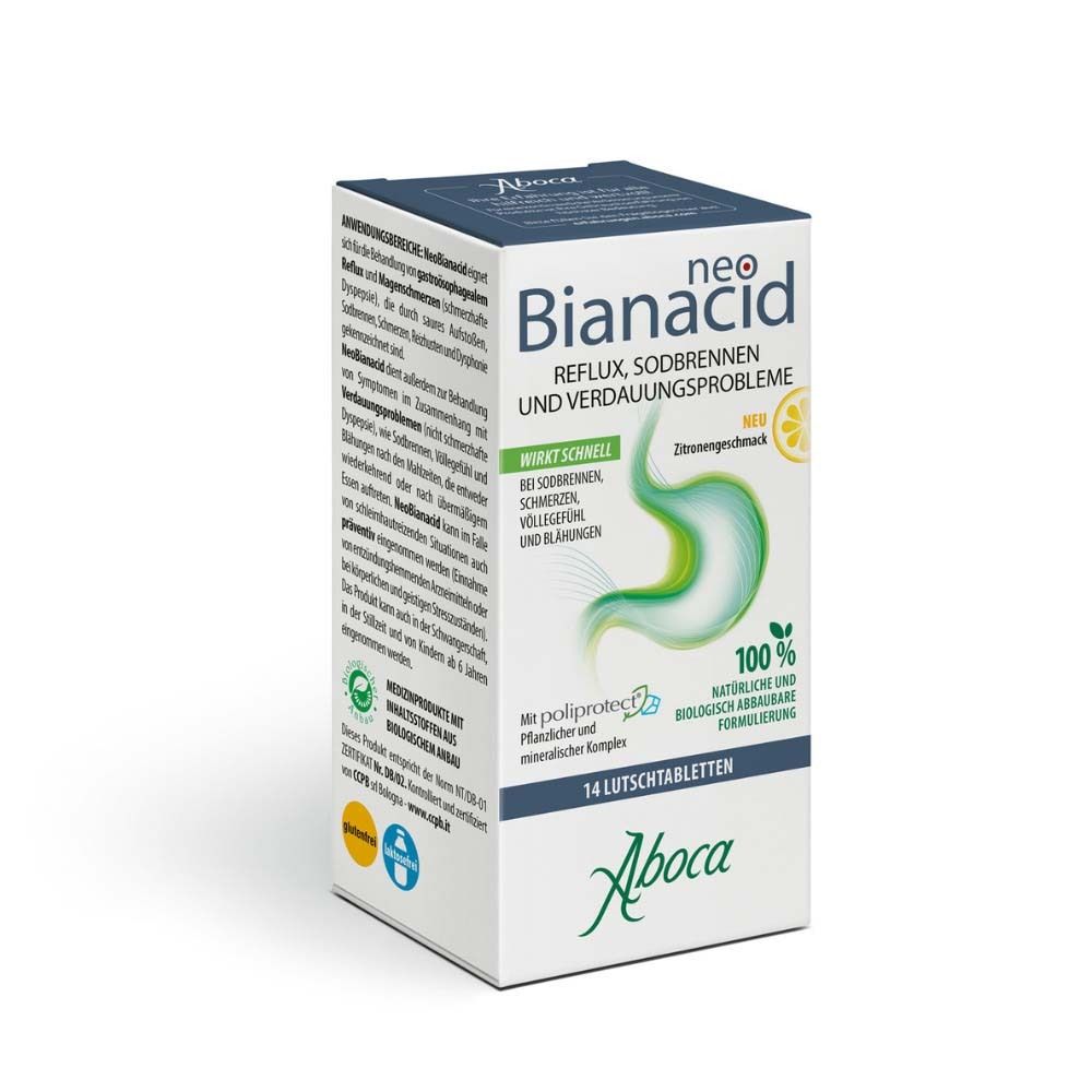 NeoBianacid-Verpackung. Weiße Schachtel mit Produktnamen, Logo und Informationen. 14 Lutschtabletten. Zitronengeschmack.