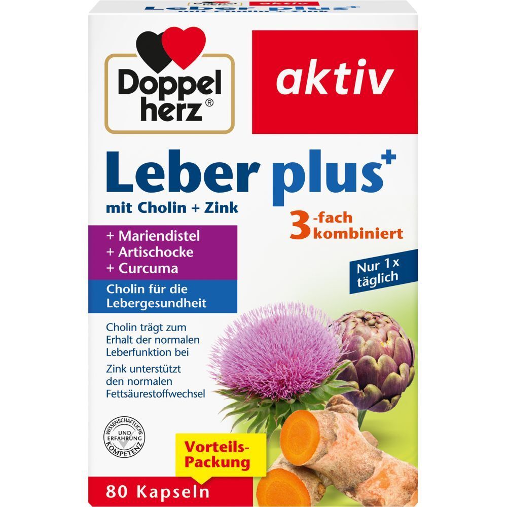 Doppelherz Leber plus Kapseln Packung. Enthält Mariendistel, Artischocke, Curcuma, Cholin und Zink. 80 Kapseln.