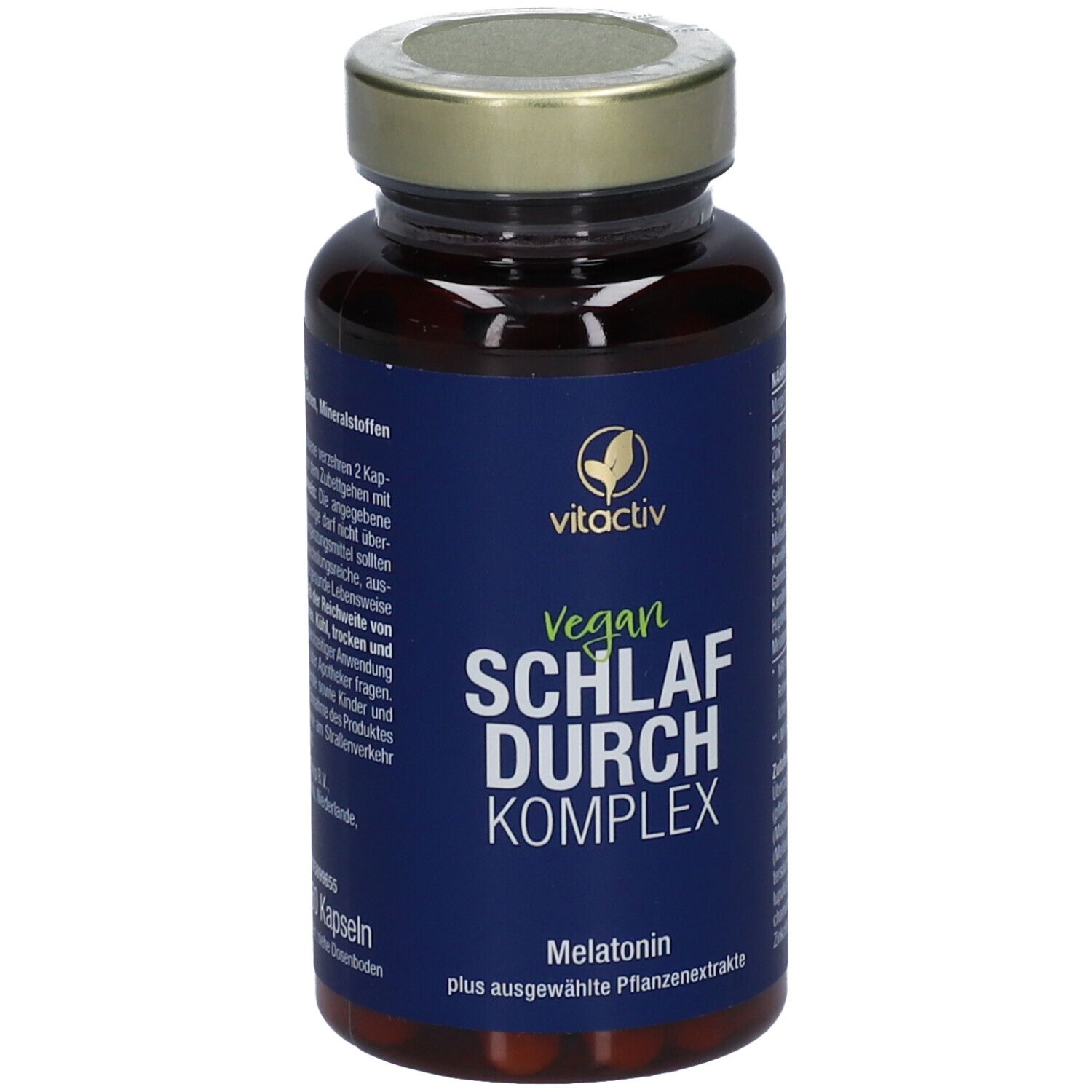 Braune Glasflasche mit goldfarbenem Deckel. Blaues Etikett mit weißer Schrift: vitactiv, Vegan, SCHLAF DURCH KOMPLEX, Melatonin.
