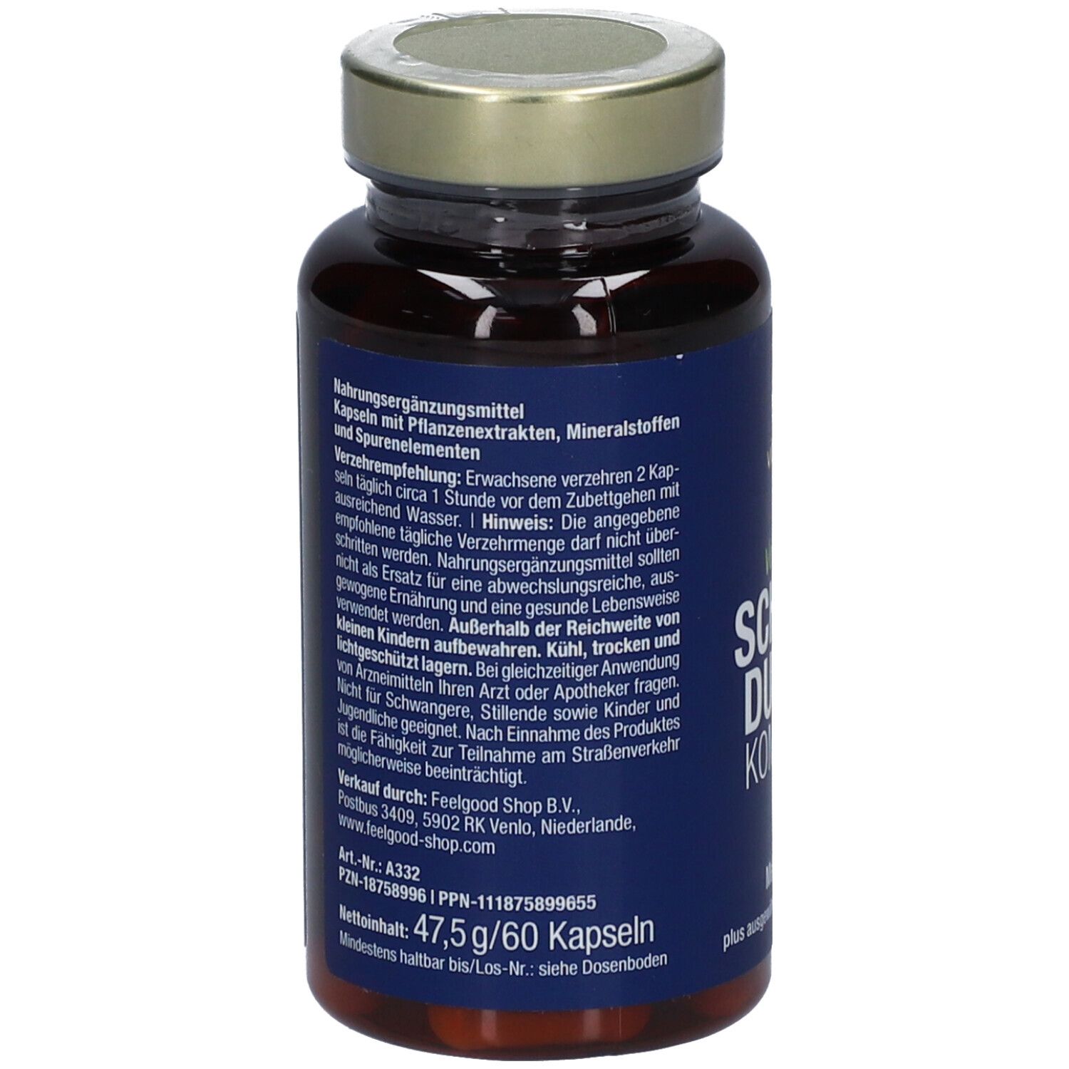 Braune Glasflasche mit goldfarbenem Deckel. Blaues Etikett mit weißer Schrift und Text. 47,5g/60 Kapseln. Text auf Deutsch.