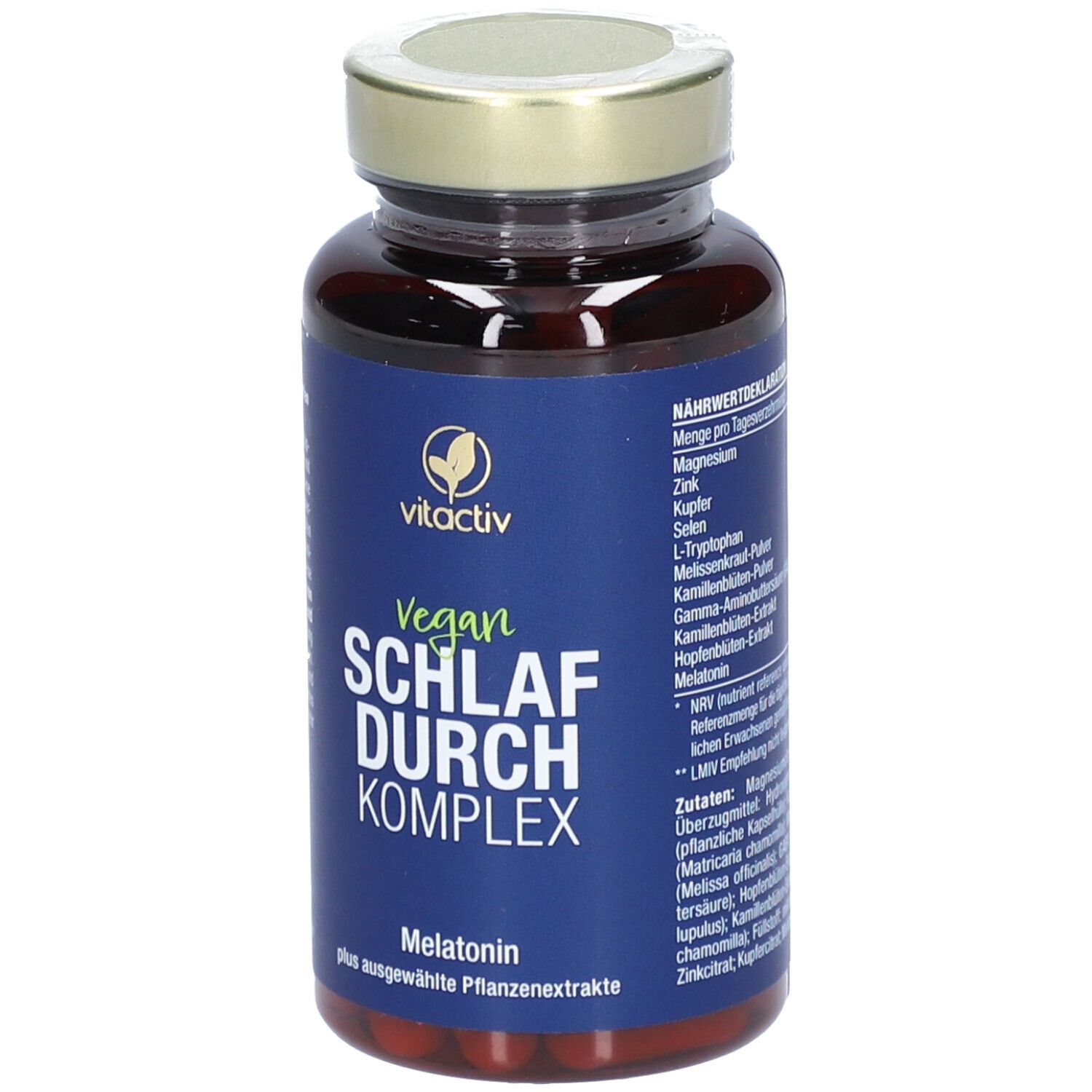 Braune Glasflasche mit goldfarbenem Deckel. Blaues Etikett mit weißer Schrift: vitactiv, Vegan, SCHLAF DURCH KOMPLEX, Melatonin.
