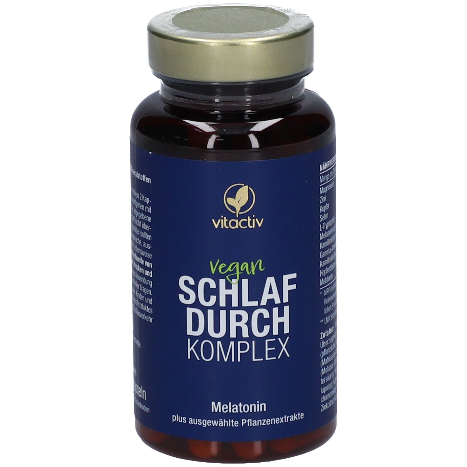 Braune Glasflasche mit goldfarbenem Deckel. Blaues Etikett mit weißer Schrift: vitactiv, Vegan, SCHLAF DURCH KOMPLEX, Melatonin.