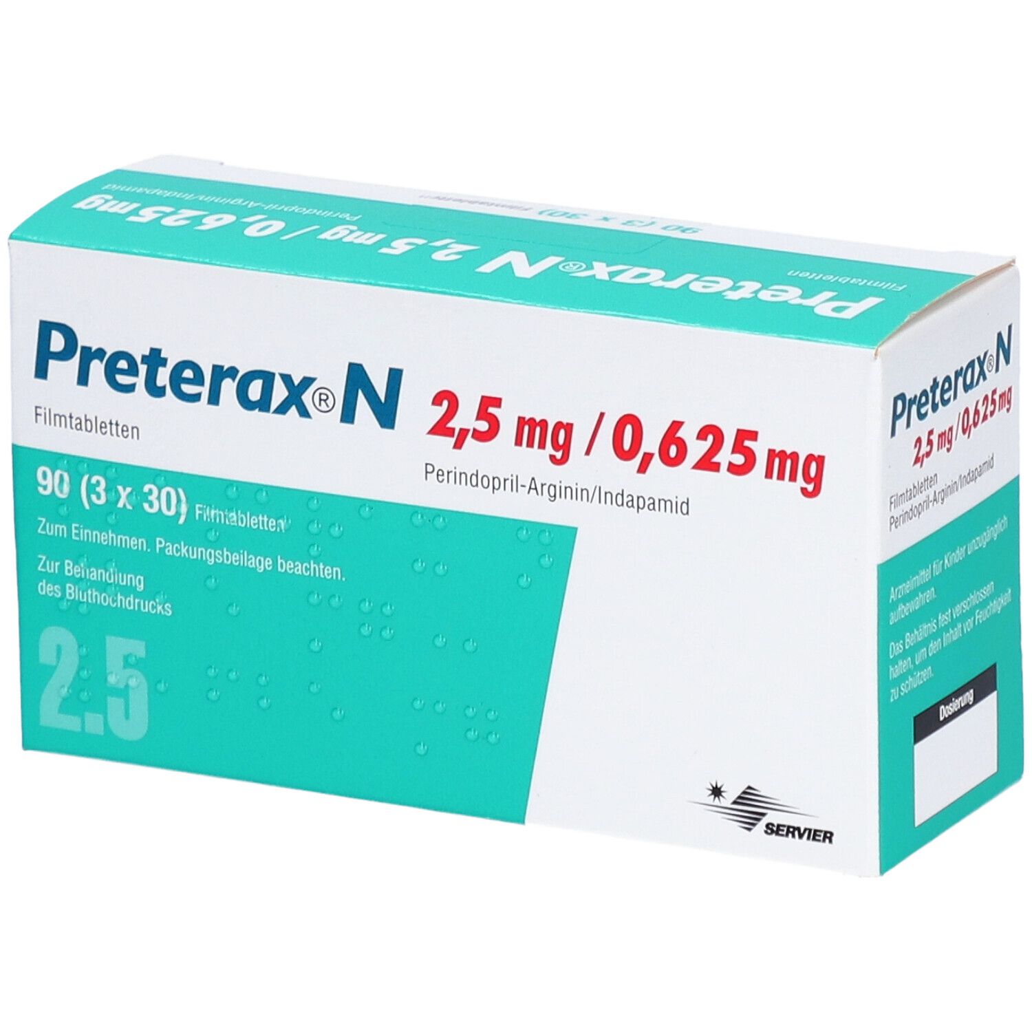 Schachtel mit PRETERAX N 2,5 mg/0,625 mg Filmtabletten. Aufschrift: 90 Filmtabletten. Enthält Perindopril-Arginin/Indapamid. Hersteller: Servier.