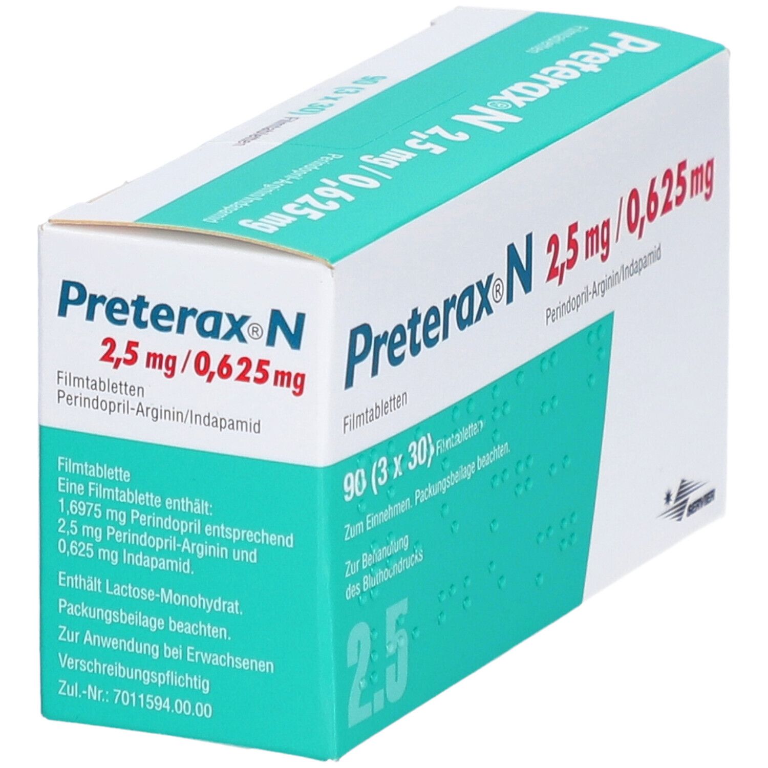 Schachtel PRETERAX N 2,5 mg/0,625 mg Filmtabletten. Enthält Perindopril-Arginin/Indapamid. Aufschrift: 90 Filmtabletten. Inhaltsstoffe und Anwendungshinweise.