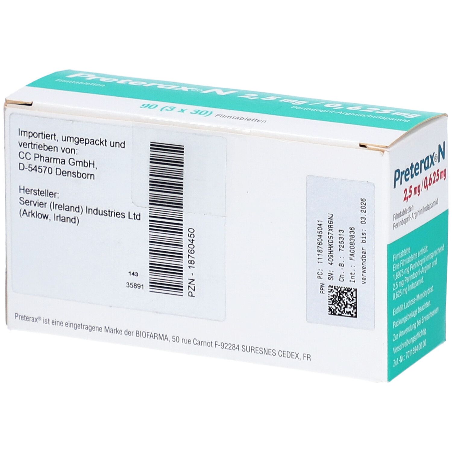 Rückseite der PRETERAX N 2,5 mg/0,625 mg Filmtabletten-Schachtel. Informationen zu Importeur, Hersteller, Chargennummer und Verfallsdatum.