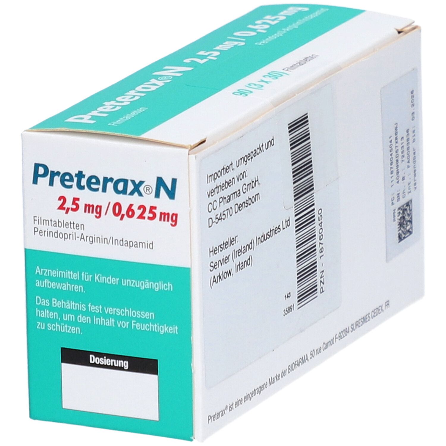 Schachtel PRETERAX N 2,5 mg/0,625 mg Filmtabletten. Informationen zu Importeur, Hersteller und Dosierungshinweise. Enthält Perindopril-Arginin/Indapamid.