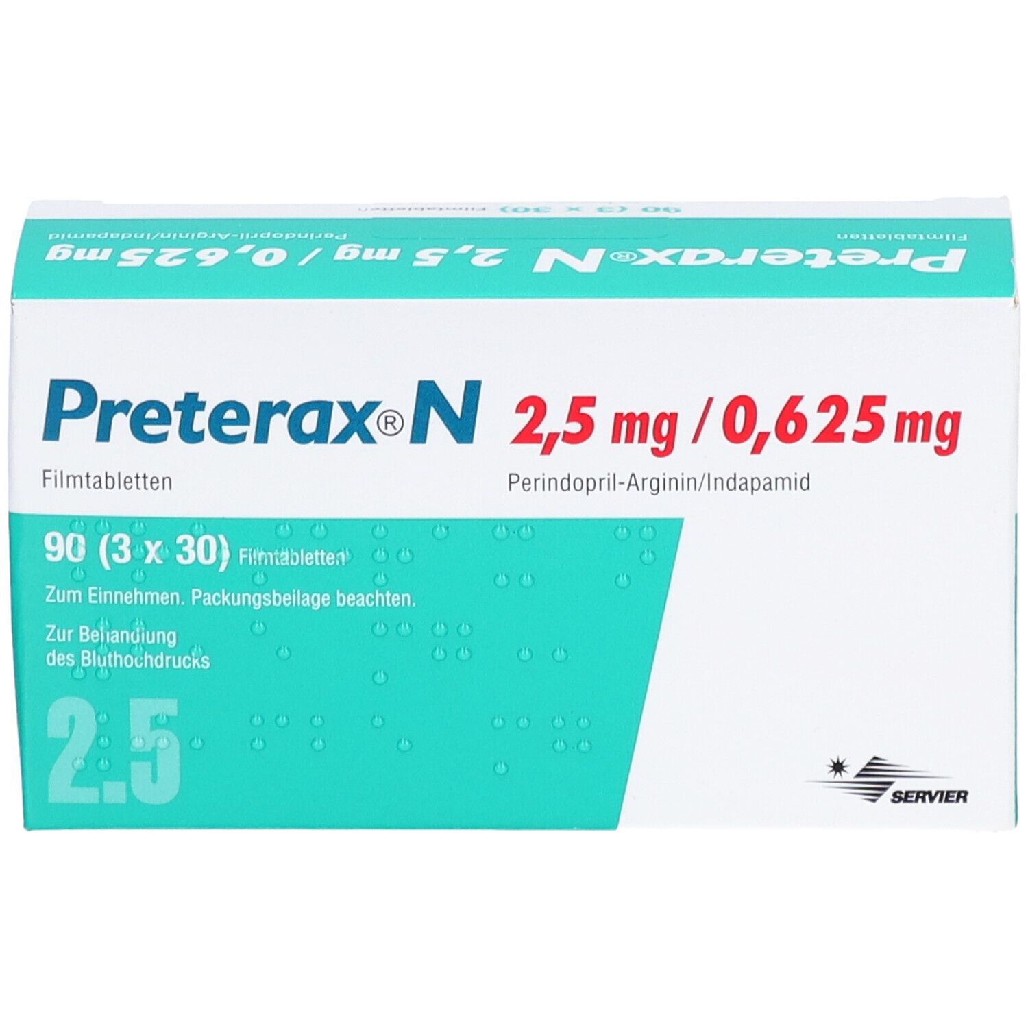 Schachtel PRETERAX N 2,5 mg/0,625 mg Filmtabletten. Aufschrift: 90 Filmtabletten. Enthält Perindopril-Arginin/Indapamid. Hersteller: Servier.