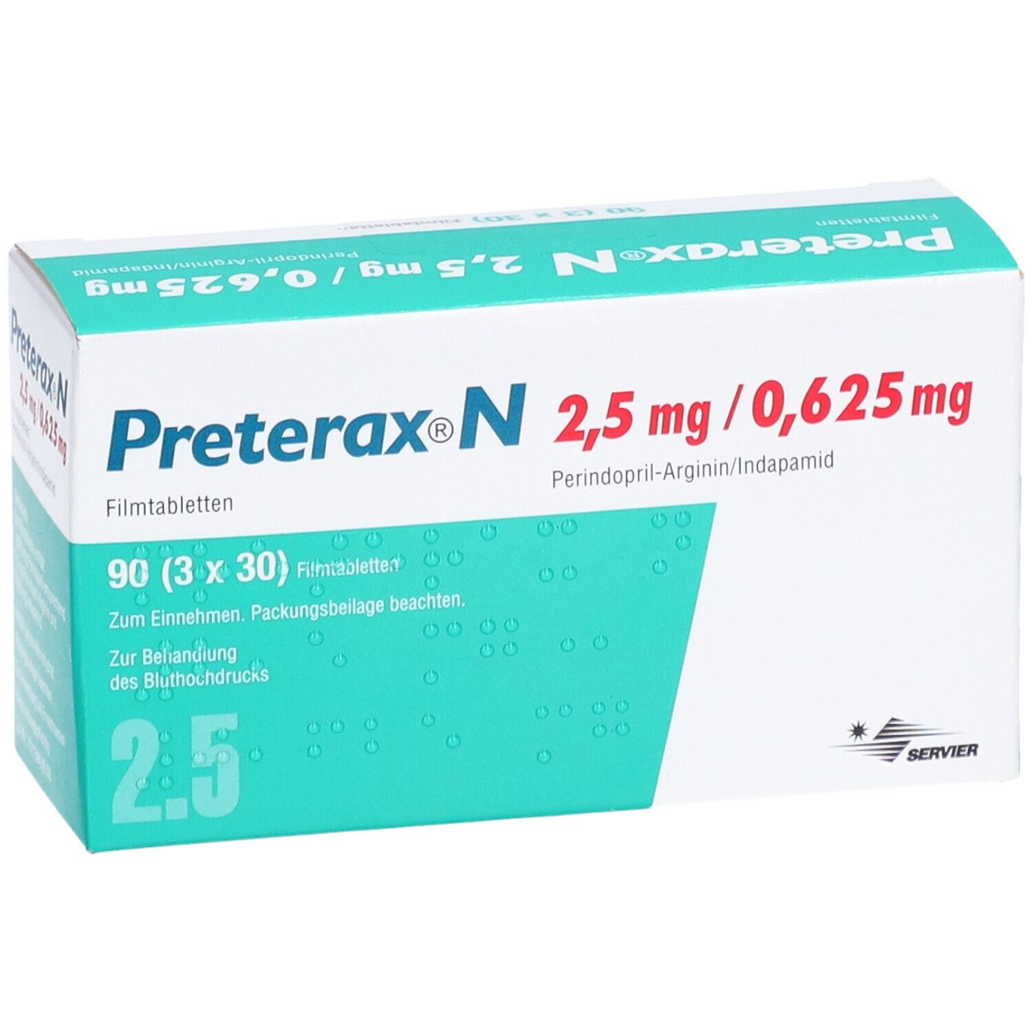 Schachtel PRETERAX N 2,5 mg/0,625 mg Filmtabletten. Aufschrift: 90 Filmtabletten. Enthält Perindopril-Arginin/Indapamid. Hersteller: Servier.