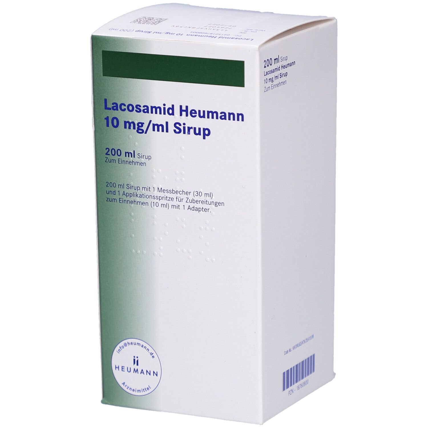 Weiße Faltschachtel mit grünen Akzenten. Aufschrift: Lacosamid Heumann 10 mg/ml Sirup, 200 ml. Enthält Messbecher und Applikationsspritze.