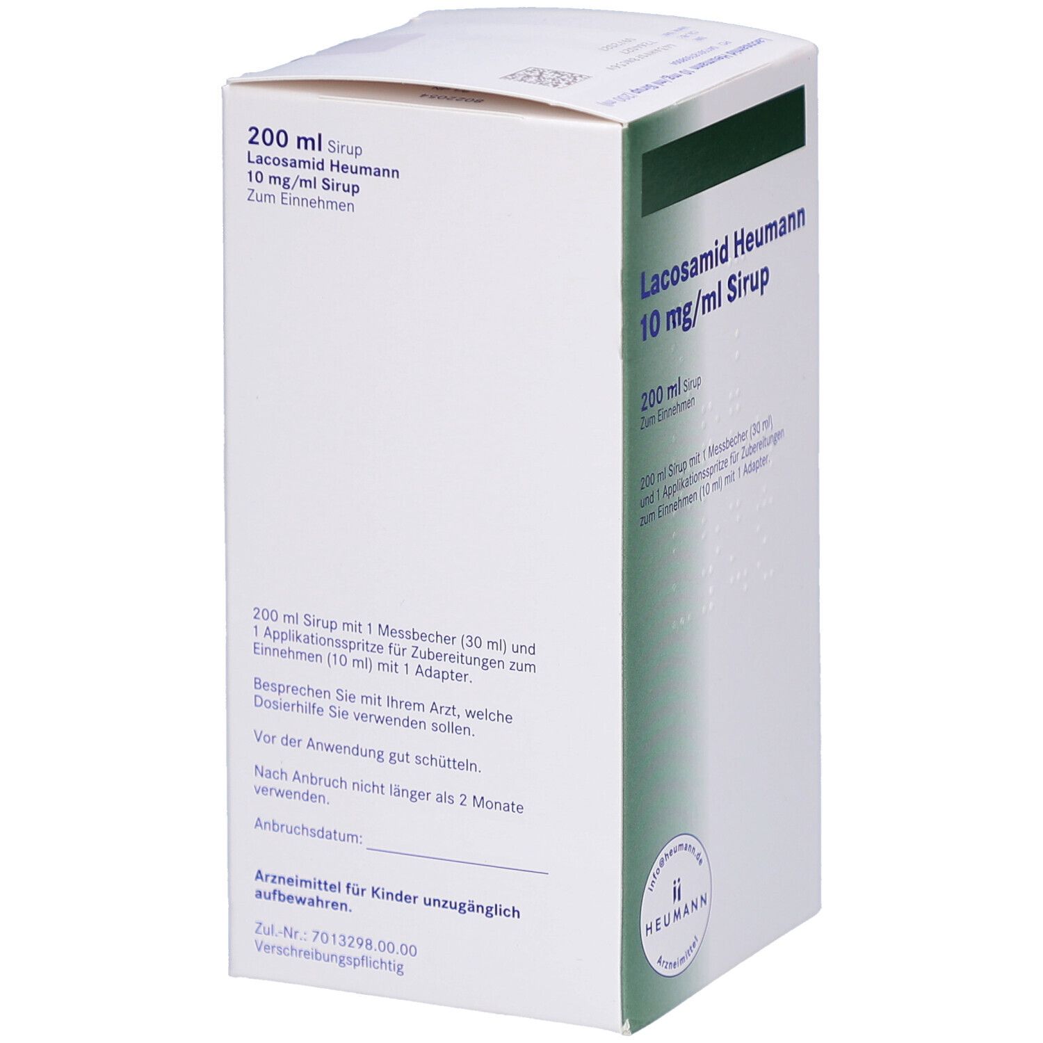 Weiße Faltschachtel mit grünen Akzenten. Aufschrift: Lacosamid Heumann 10 mg/ml Sirup, 200 ml. Enthält Messbecher und Applikationsspritze.